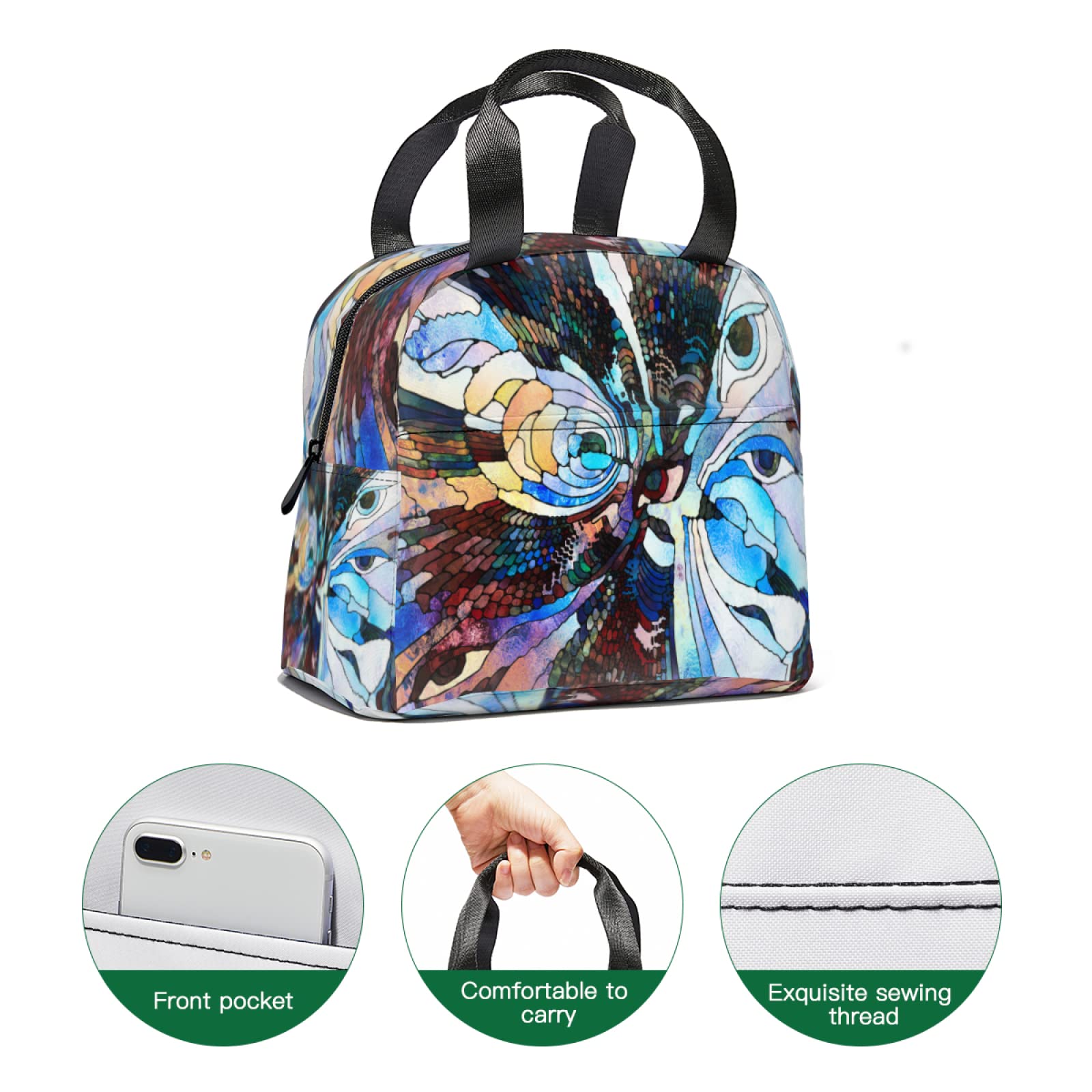 Stained Glass Fragment Illustration Lunch Tote Bag - Insulated Reusable Lunch Box with Front Pocket for Women & Men | Perfect for School, Work, Picnic & Daily Commute