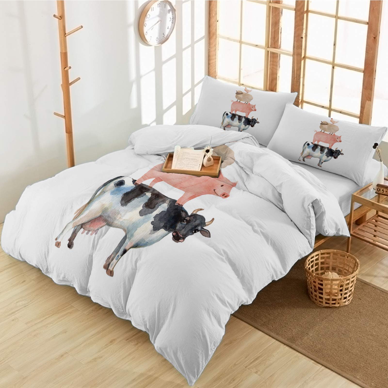 ZFUNCING 3-Piece Twin Duvet Cover Set - Farm Animal Print Luxury Soft Quilt Cover with Pillowcases (Watercolor Chicken, Sheep, Pig, Cow on White) - Microfiber Comforter Set for Bedroom - Perfect for Kids' Rooms, Farmhouse Decor & Cozy Bedroom Makeovers