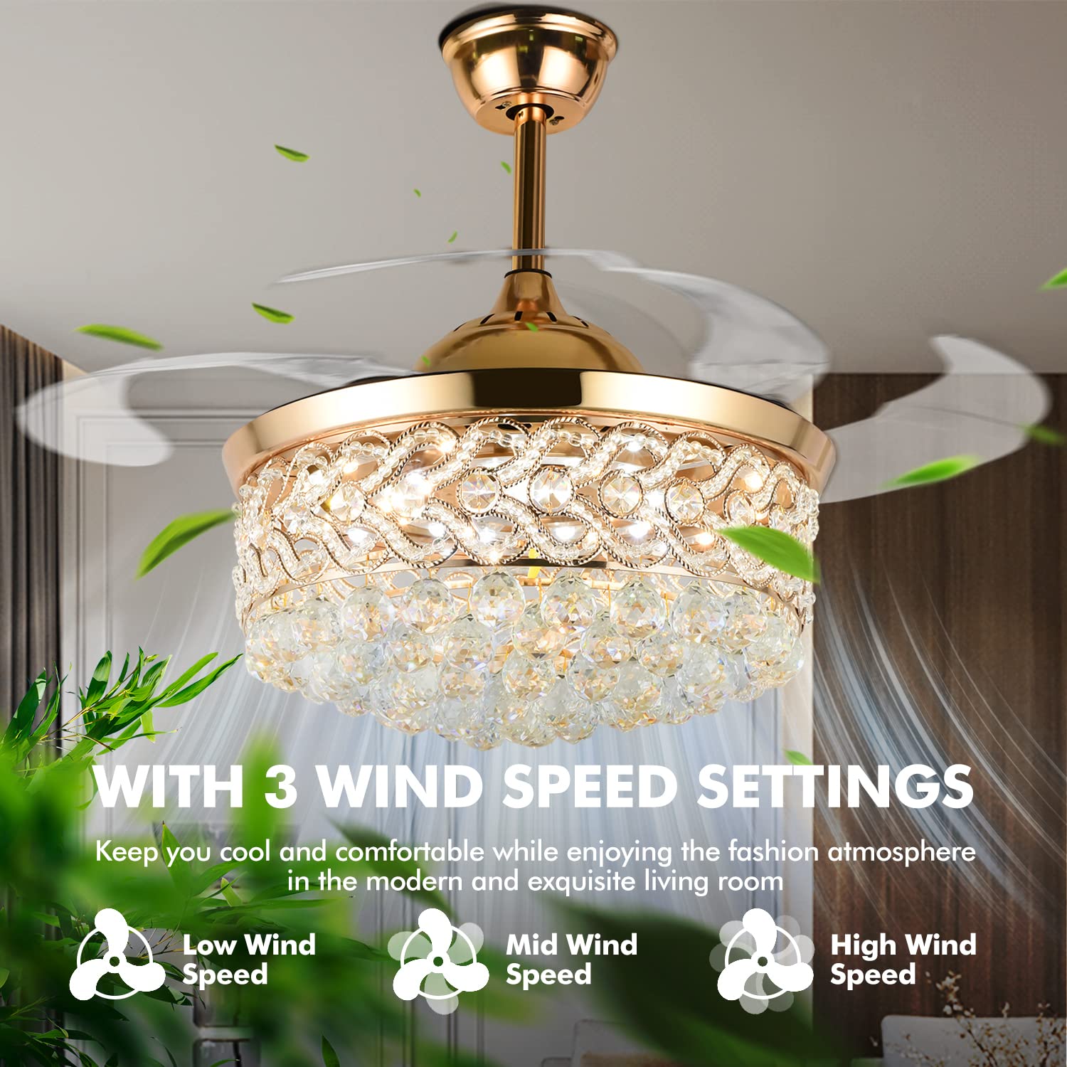 42 Inch Crystal Ceiling Fan with Light and Remote Control - Invisible Retractable Chandelier Fan with 3 Light Levels & 3 Speeds - Perfect for Dining Room, Living Room, Bedroom and Office Spaces