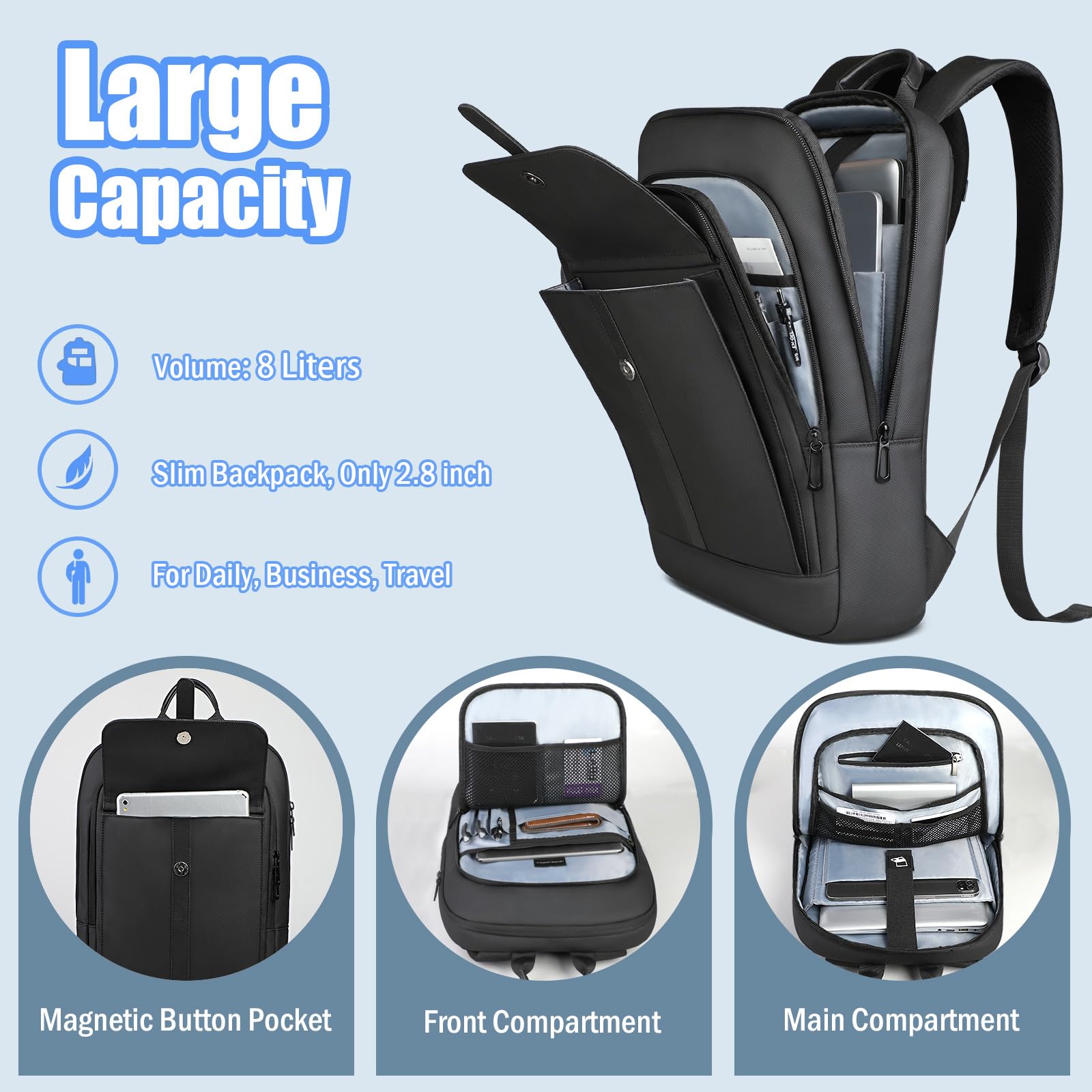 HK Slim Laptop Backpack for Men & Women - Anti-Theft 15.6 Inch Water Resistant Business Backpack - Lightweight Computer Backpack for College, Work, Commuting & Travel - Perfect for Office Professionals & Students