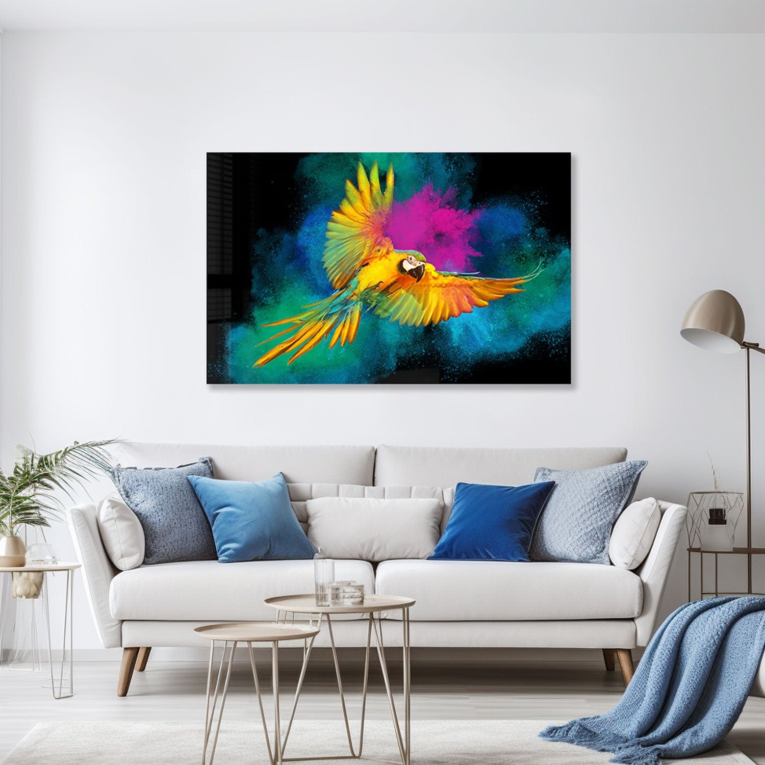 Rainbow Parrot Tempered Glass Wall Art - Vibrant Home Decor for Living Room, Bedroom & Office - Shatterproof Glass Painting for Modern Interior Design