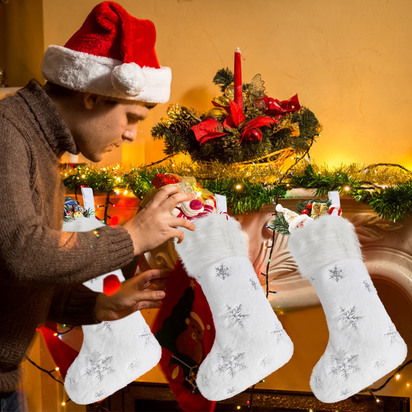 DIYASY 4-Pack Large White Faux Fur Christmas Stockings with Silver Sequin Snowflakes - Personalized Holiday Stockings for Fireplace, Mantel & Party Decor (17.5 Inch) - Perfect for Family Gift Exchange & Festive Home Decor
