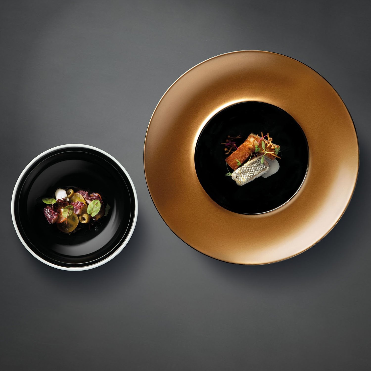 BergHOFF GEM Porcelain 2-Piece Deep Presentation Plate & Bowl Set - Round Black & Gold Design for Elegant Dining & Entertaining