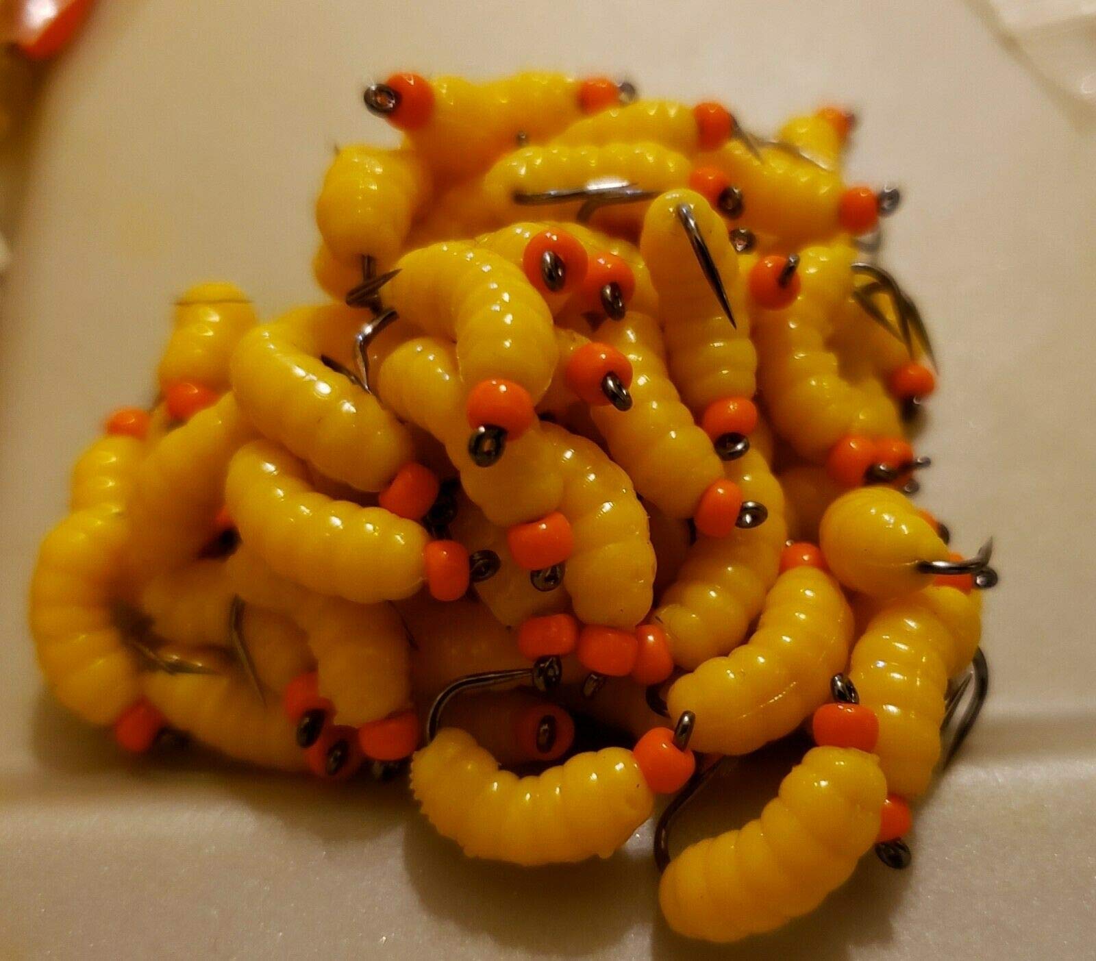 12 Orange BH Rubber Wax Worm Grub FL Yellow Wet Fly - Premium Fishing Lures for Trout, Crappie, Panfish - Perfect for Freshwater & Saltwater Angling