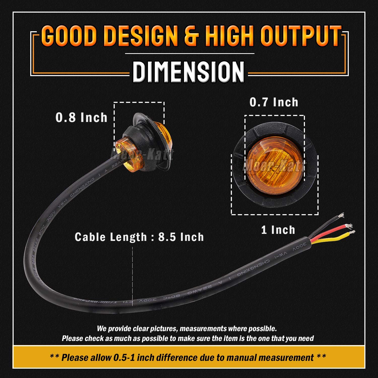 MADCATZ Meerkatt 3/4 Inch Round Amber LED Side Marker Lights - Ultra Bright SMD 2835, 12V DC Waterproof with Black Grommet for Trailers, Vans, Trucks (Pack of 100) - Perfect for Vehicle Safety Lighting and Road Visibility