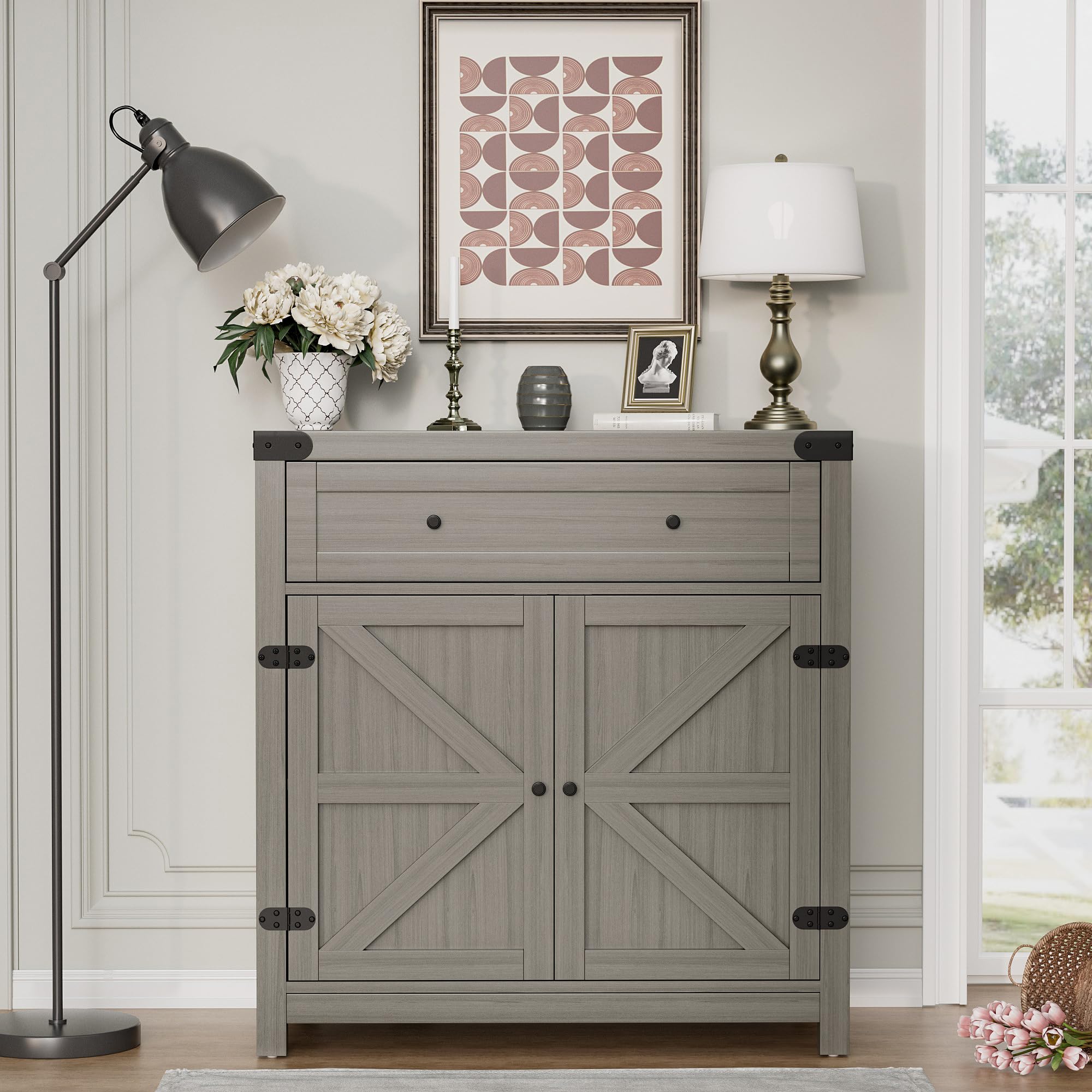 Farmhouse Style Sideboard Buffet Cabinet with Storage - 1 Drawer & 2 Barn Doors, Rustic Coffee Bar Console Table for Kitchen, Dining Room, Entryway - Perfect for Home Organization & Entertaining (Grey)