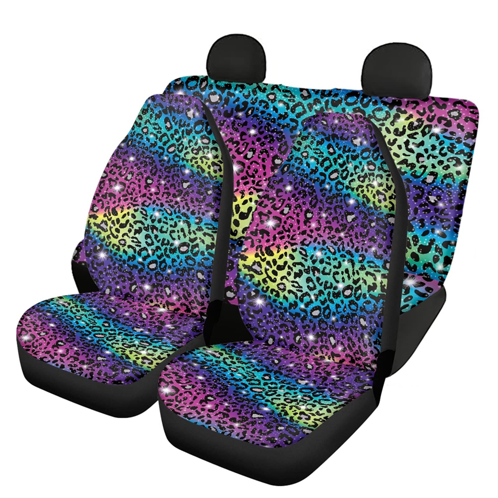 Rainbow Glitter Leopard Print Car Seat Covers Full Set - Universal Fit Front & Rear Split Bench Cheetah Design Car Seat Protectors for Cars, SUVs & Trucks - Stylish Interior Upgrade for Women & Teens