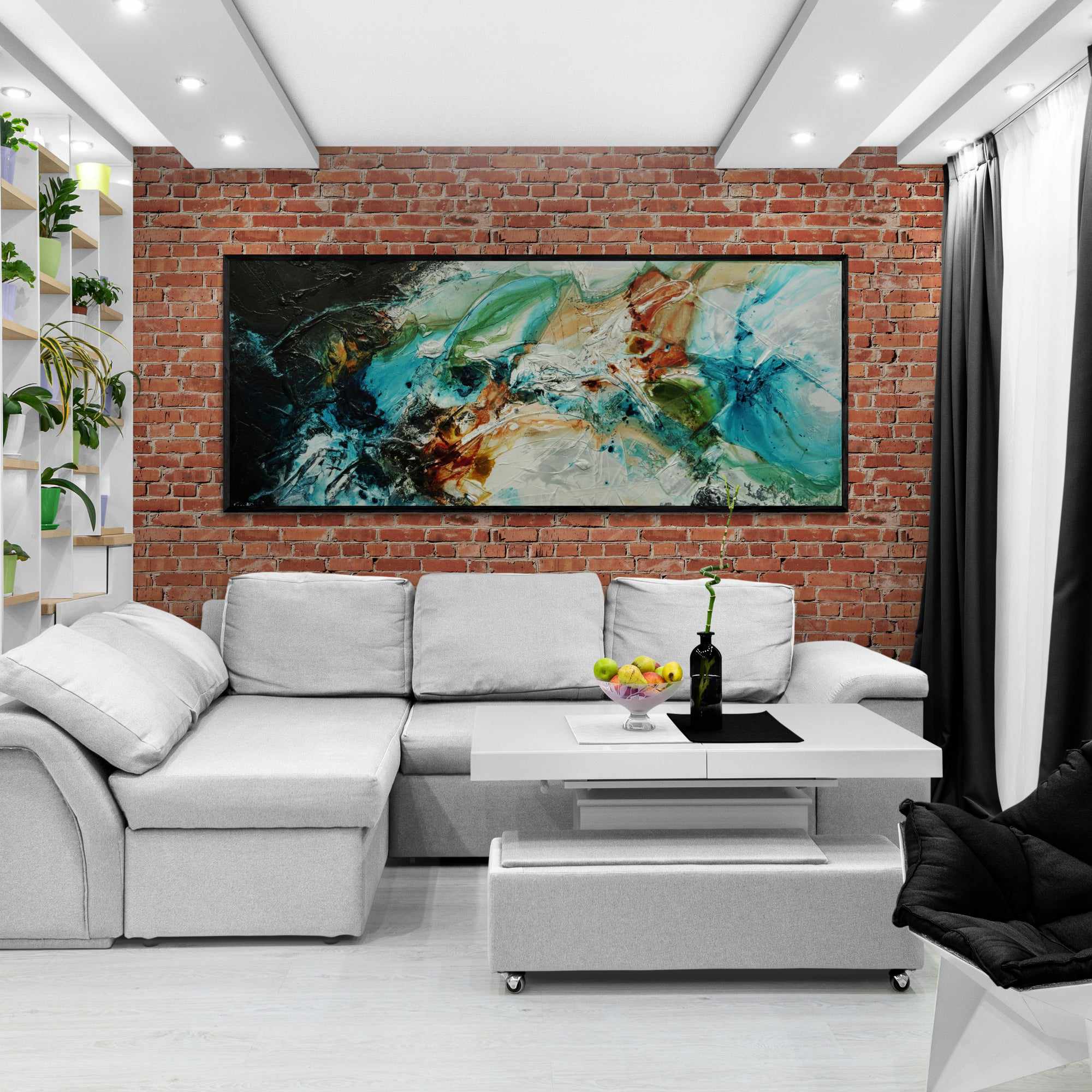 240cm x 100cm Black White Teal Textured Abstract Wall Art Painting - Modern Iron & Oxide Canvas for Living Room, Bedroom & Office Decor