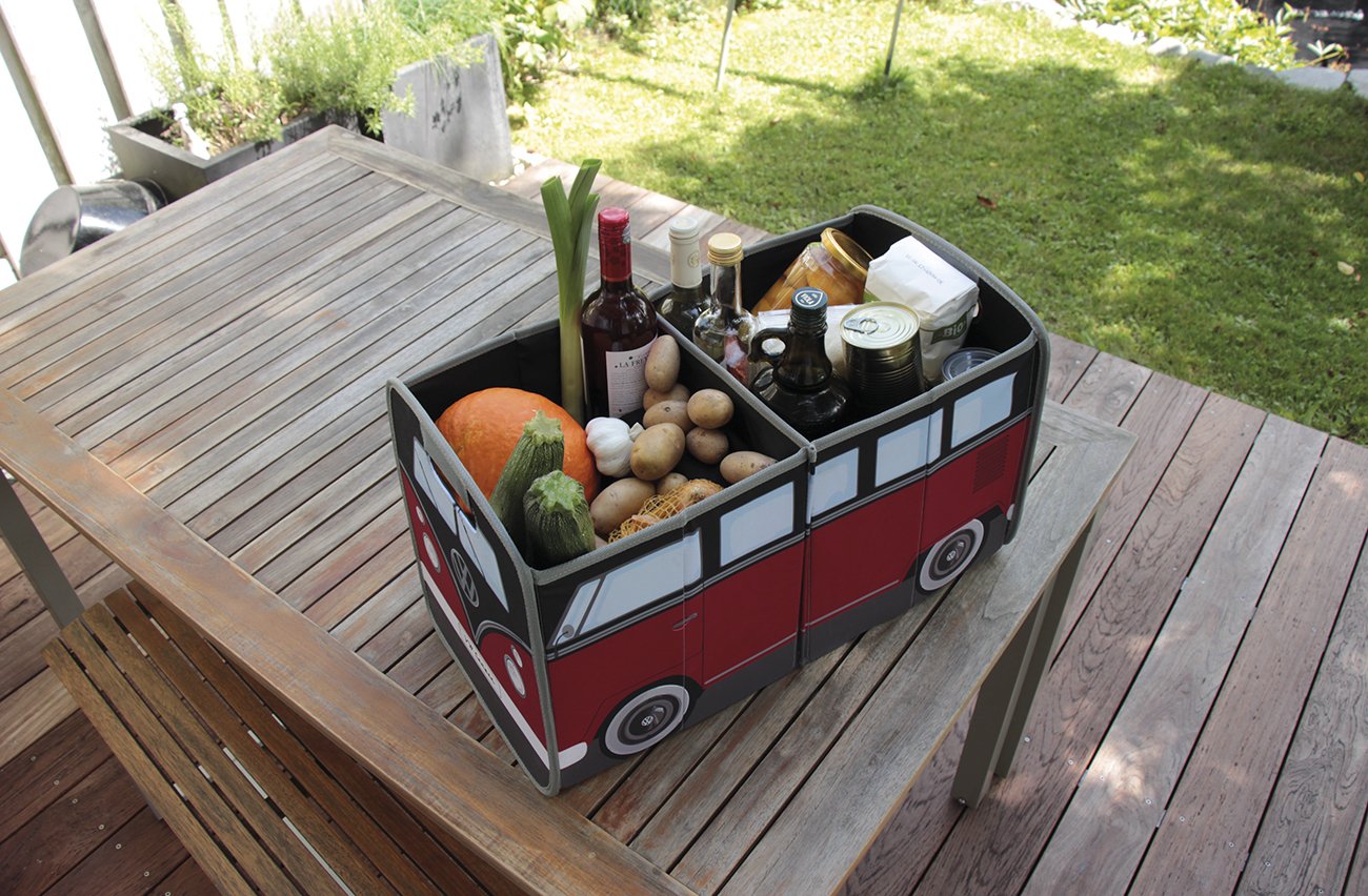 BRISA VW Collection - Foldable Storage Trunk Box Bag for Volkswagen T1 Bus Campervan | Grocery Shopping Organizer | Classic Red & Black Design | Perfect for Road Trips, Camping & Picnics
