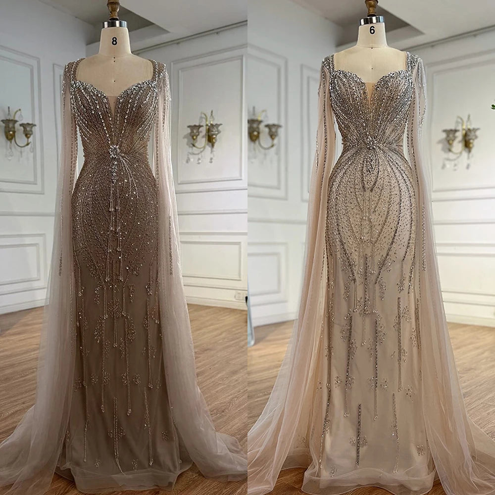 Elegant Beige Beaded Evening Dress with Cape Sleeves - LA72992 | Formal Gown for Prom, Wedding & Special Occasions