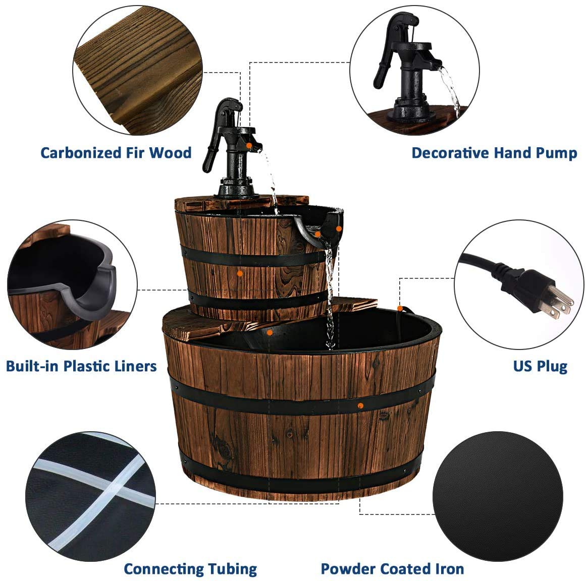SAFSTAR 2-Tier Rustic Barrel Water Fountain with Hand Pump & Adjustable Flow - Outdoor Freestanding Garden Fountain for Patio, Backyard, Porch Decor | Perfect for Relaxing Ambience and Zen Landscaping