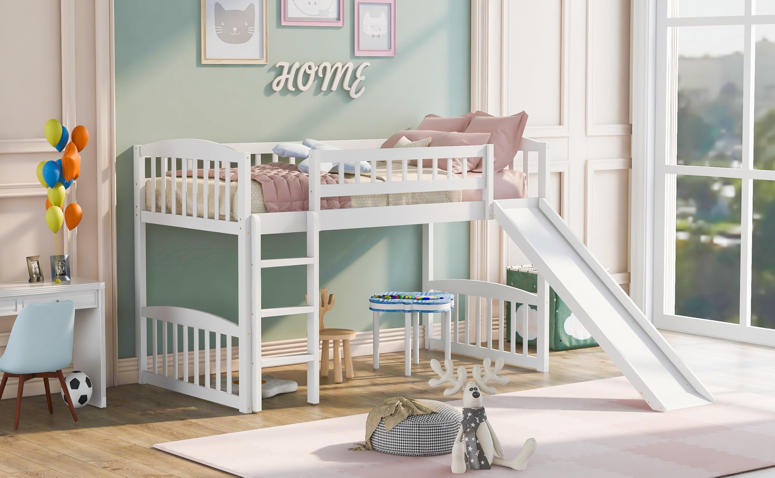 Harper & Bright Designs White Wooden Low Loft Bed with Slide & Ladder for Kids - Twin Size Boys Girls Bed Frame, No Box Spring Needed - Perfect for Small Bedrooms, Playrooms & Sleepovers