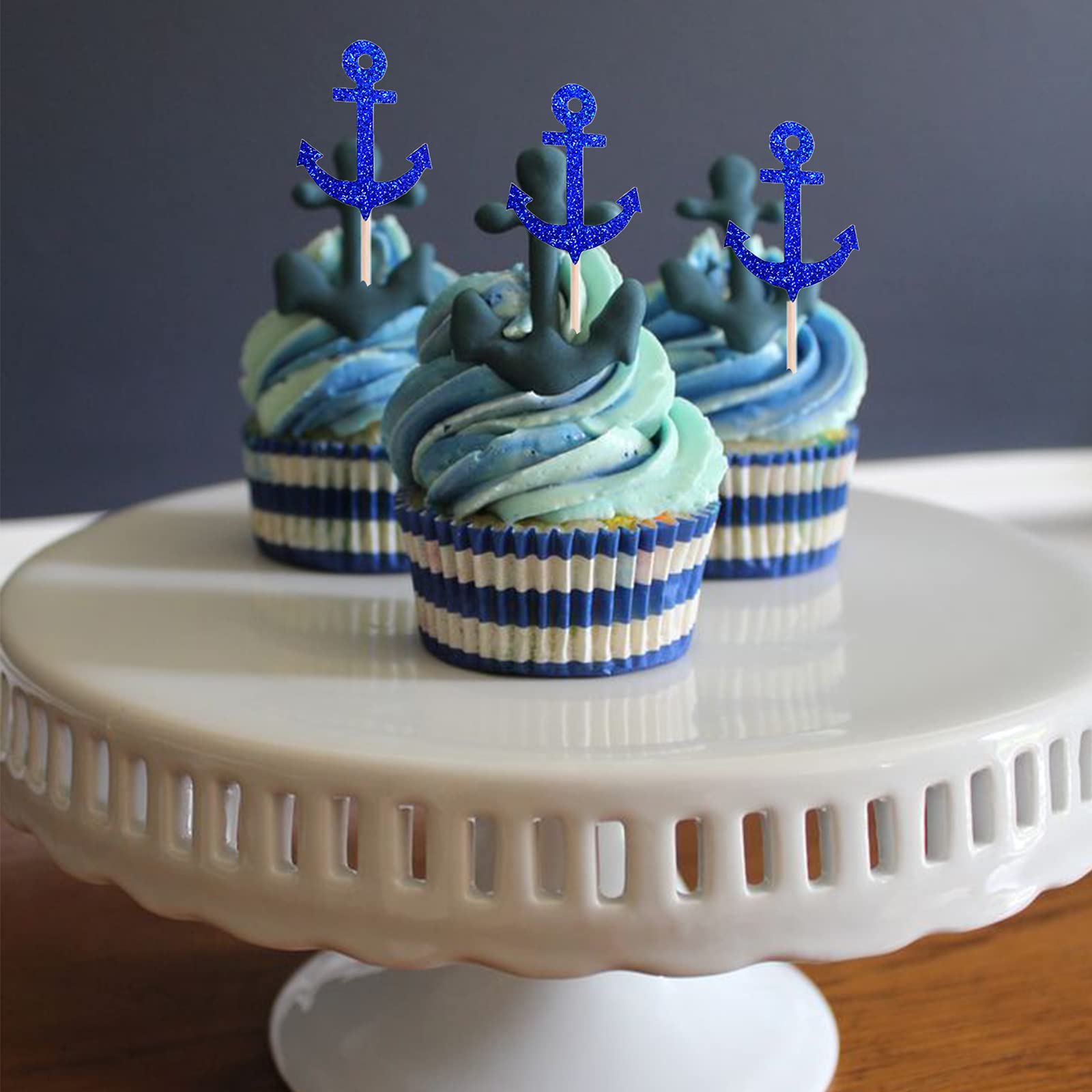 24PCS Nautical Anchor Cupcake Toppers - Navy Blue Ocean Theme Cupcake Decorations for Baby Shower, Birthday, Wedding & Party - Food Safe Fruit Picks for Dessert Buffet & Beach Themed Events