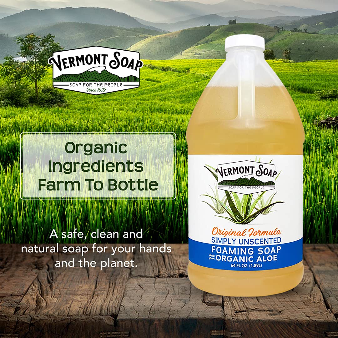Organic Unscented Foaming Hand Soap by Vermont Soap - Natural Moisturizing Liquid Soap for Dry Skin, Fragrance-Free Bathroom Hand Wash - 64 oz - Perfect for Sensitive Skin & Eco-Friendly Homes