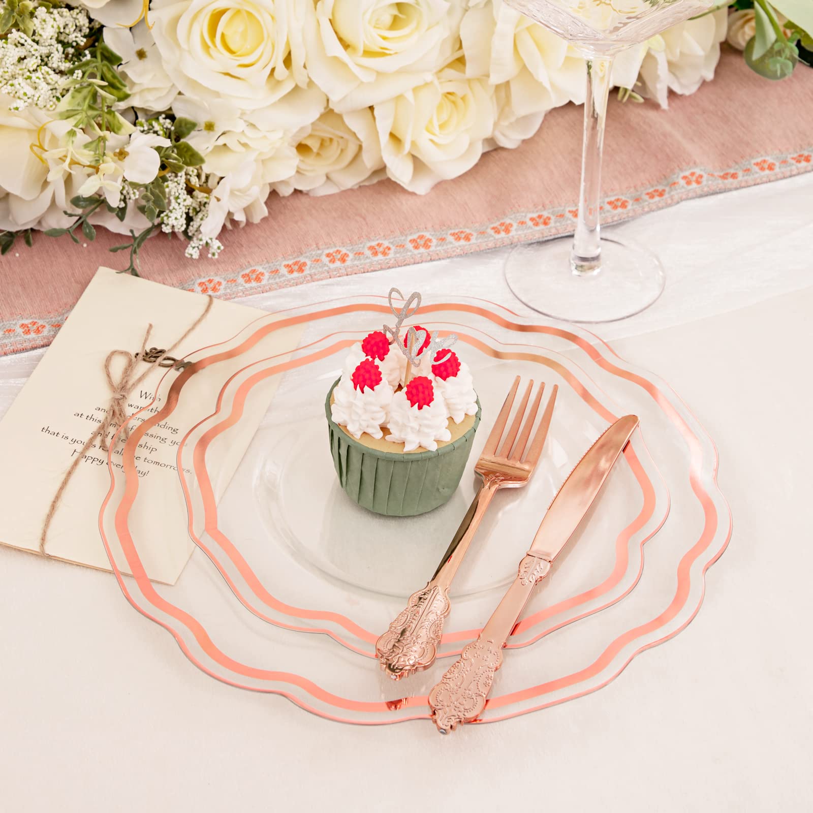 NOCCUR 150-Piece Rose Gold Plastic Dinnerware Set - 30 Dinner Plates, 30 Salad Plates, 90 Disposable Forks, Knives & Spoons - Elegant Disposable Tableware for Wedding, Birthday Party, Baby Shower & Special Events
