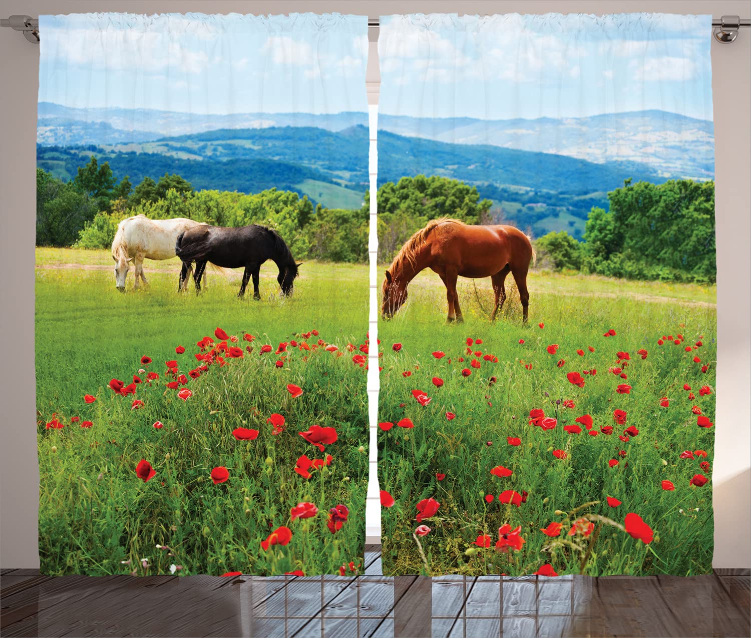 Ambesonne Horse Print Curtains - 2 Panel Set with Horses Eating Grass in Mountain Landscape, 108