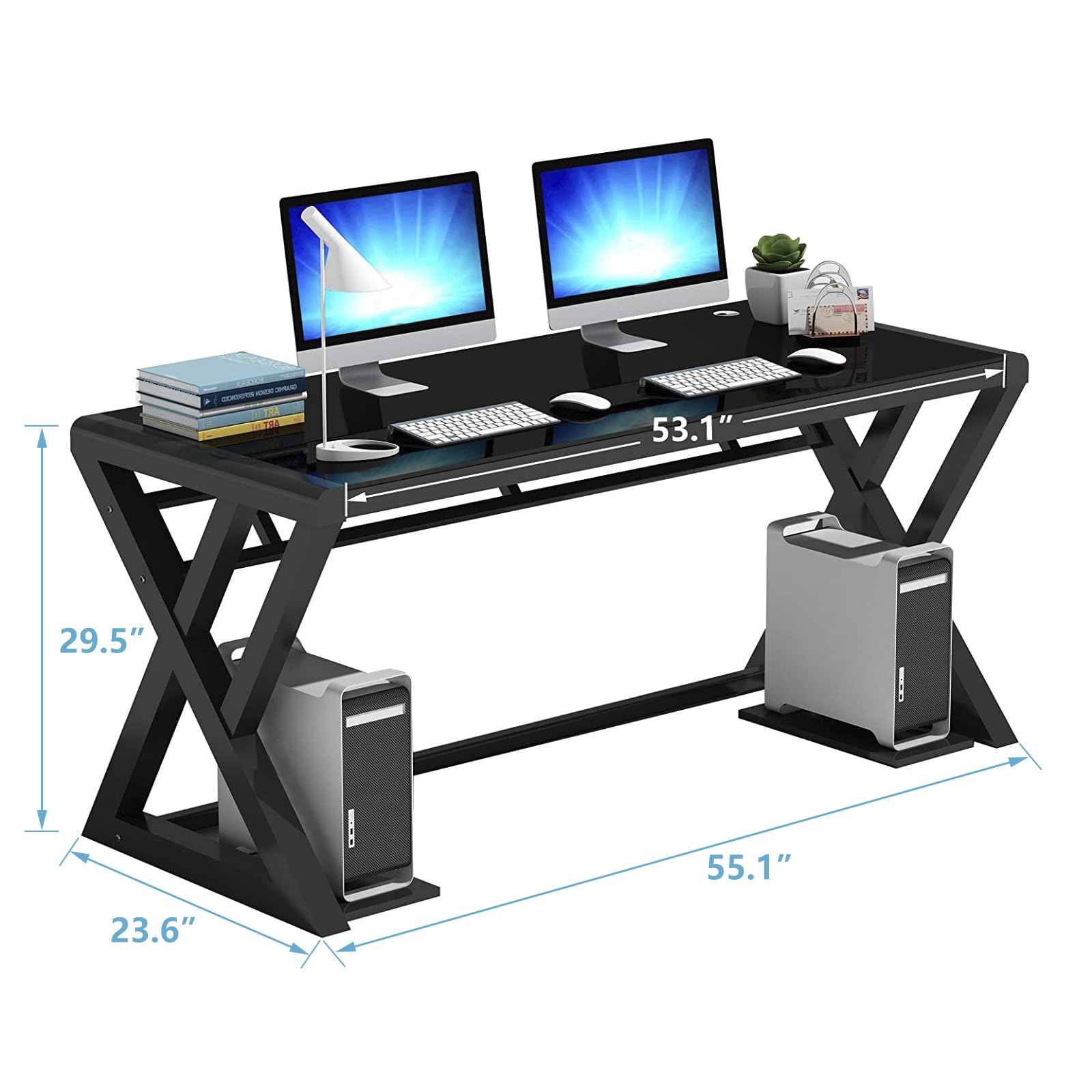 Modern Glass Top X-Frame Computer Desk - 55.1