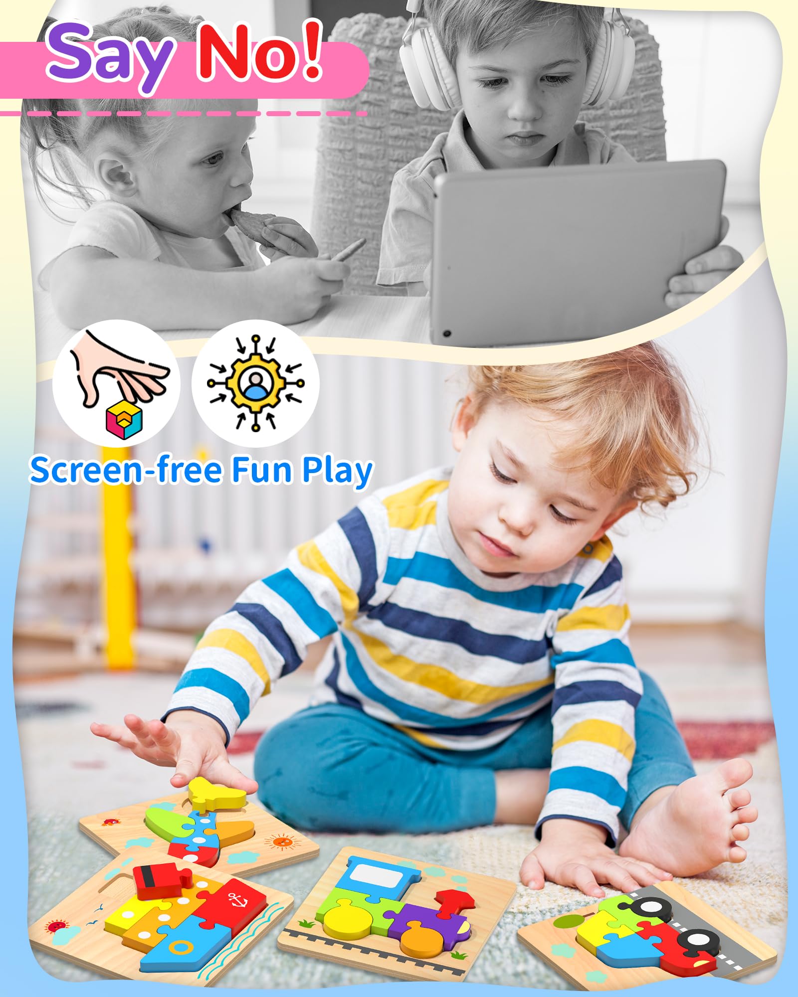 **Wooden Puzzles for Toddlers Ages 1-3 – 4 Vehicle-Shaped Learning Blocks, Montessori & Sensory Toys – Perfect Educational Gift for Boys & Girls (1-4 Years Old) – Great for Early Learning, Motor Skills & Playtime Fun**