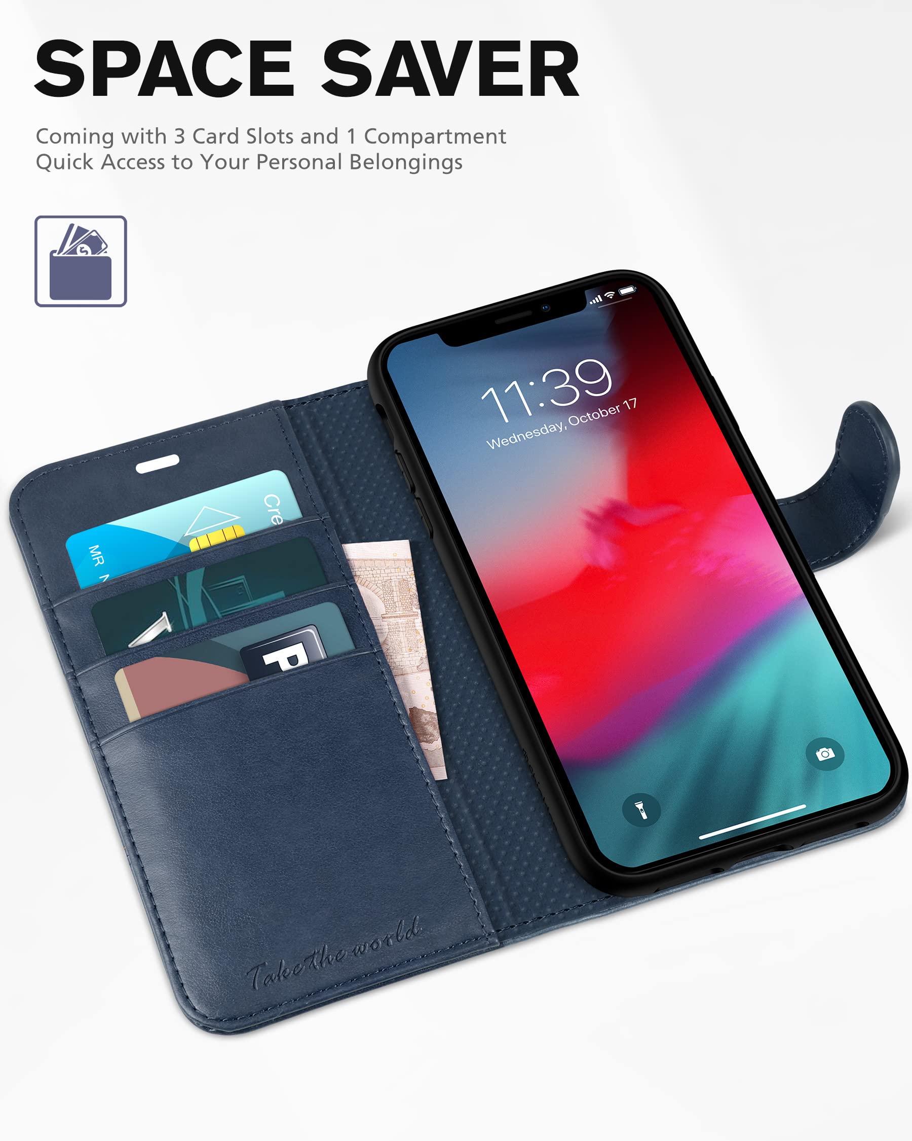 TUCCH RFID Blocking PU Leather Wallet Case for iPhone XR - Slim Flip Cover with Card Slots & Stand Holder | Wireless Charging Compatible | TPU Protective Shell | Perfect for iPhone XR 6.1 (Dark Blue) | Ideal for Travel, Work & Everyday Use