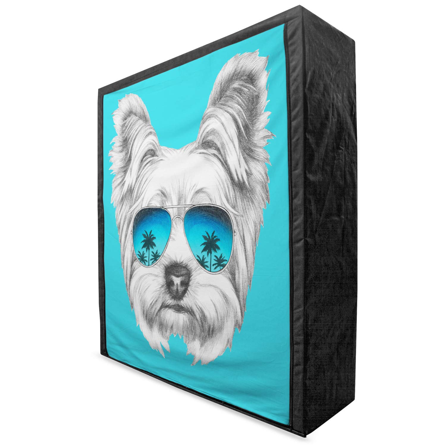 Ambesonne Yorkie Portable Fabric Wardrobe - Yorkshire Terrier Dog Portrait with Sunglasses Hand-Drawn Art, 59 Inch Blue & White Clothing Organizer with Shelves | Perfect for Bedroom, Closet & Dorm Storage Solutions