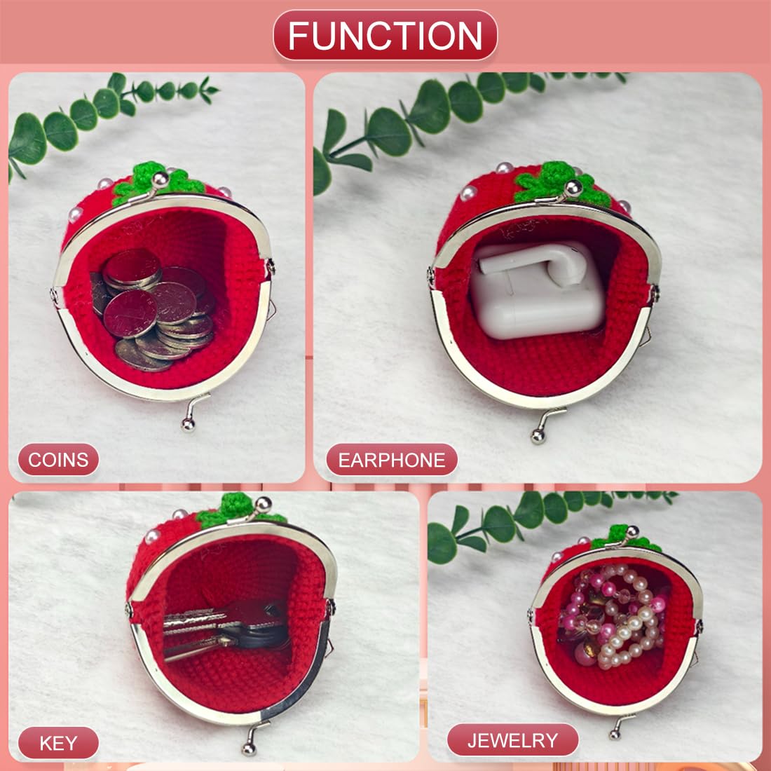 Crochet Strawberry Coin Purse for Women - Small Kiss Lock Change Pouch, Mini Knitting Wallet for Cash & Cards | Perfect for Travel, Shopping & Daily Essentials Organization