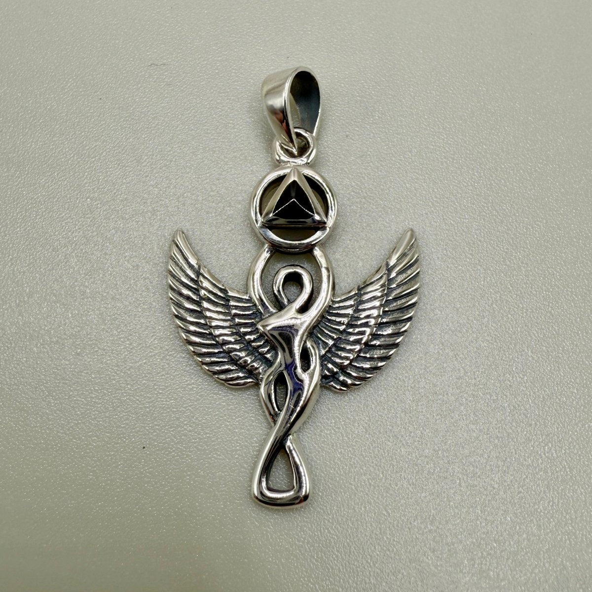 Silver Winged Goddess Pendant Necklace with Black Onyx AA Symbol - Elegant Spiritual Jewelry for Meditation, Yoga & Energy Healing