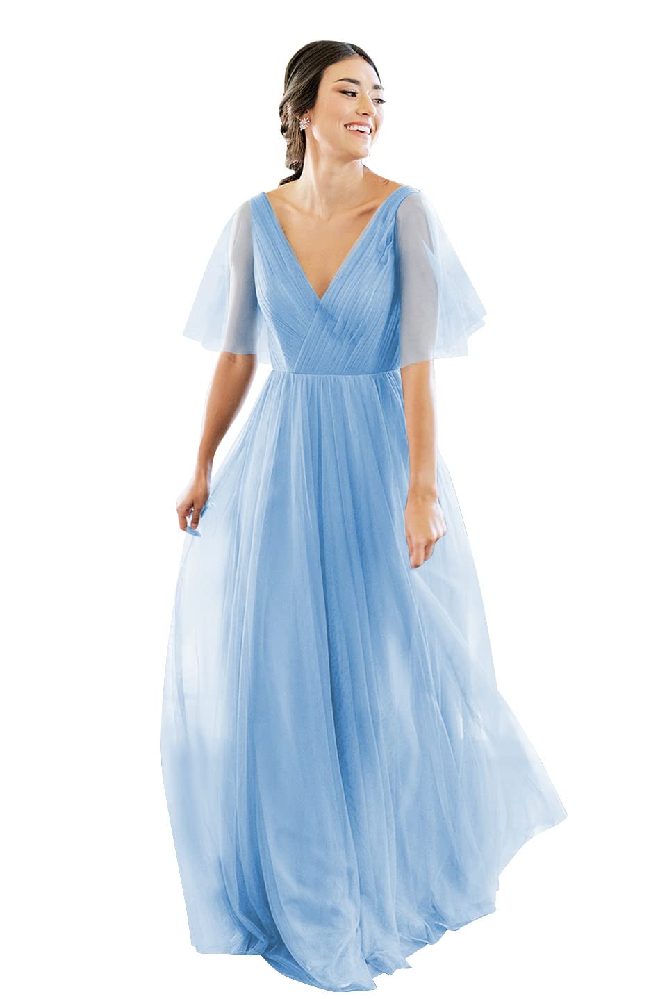 Elegant V-Neck Short Sleeve Tulle Bridesmaid Dress for Women - Backless Long Formal Wedding & Prom Gown | Perfect for Bridal Party, Evening Events & Special Occasions