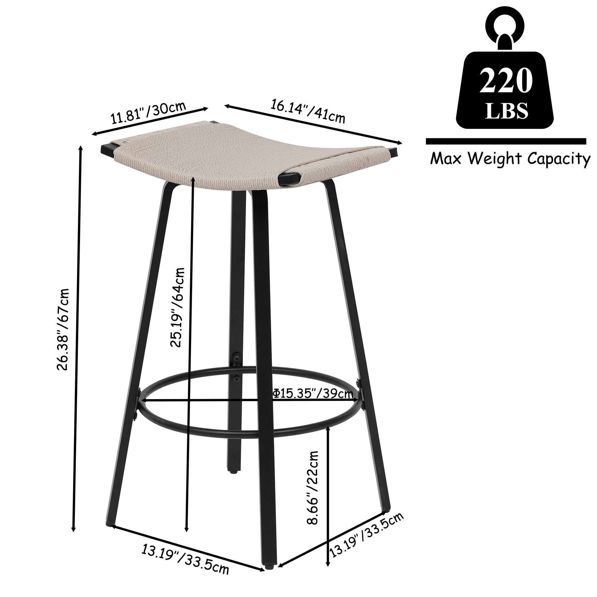 Handwoven PVC Counter Height Bar Stools Set of 2 - Backless Kitchen & Dining Chairs with Round Footrest - Indoor & Outdoor Pub Stools in Black & Creamy White - Perfect for Kitchen Islands, Breakfast Bars, and Outdoor Patios