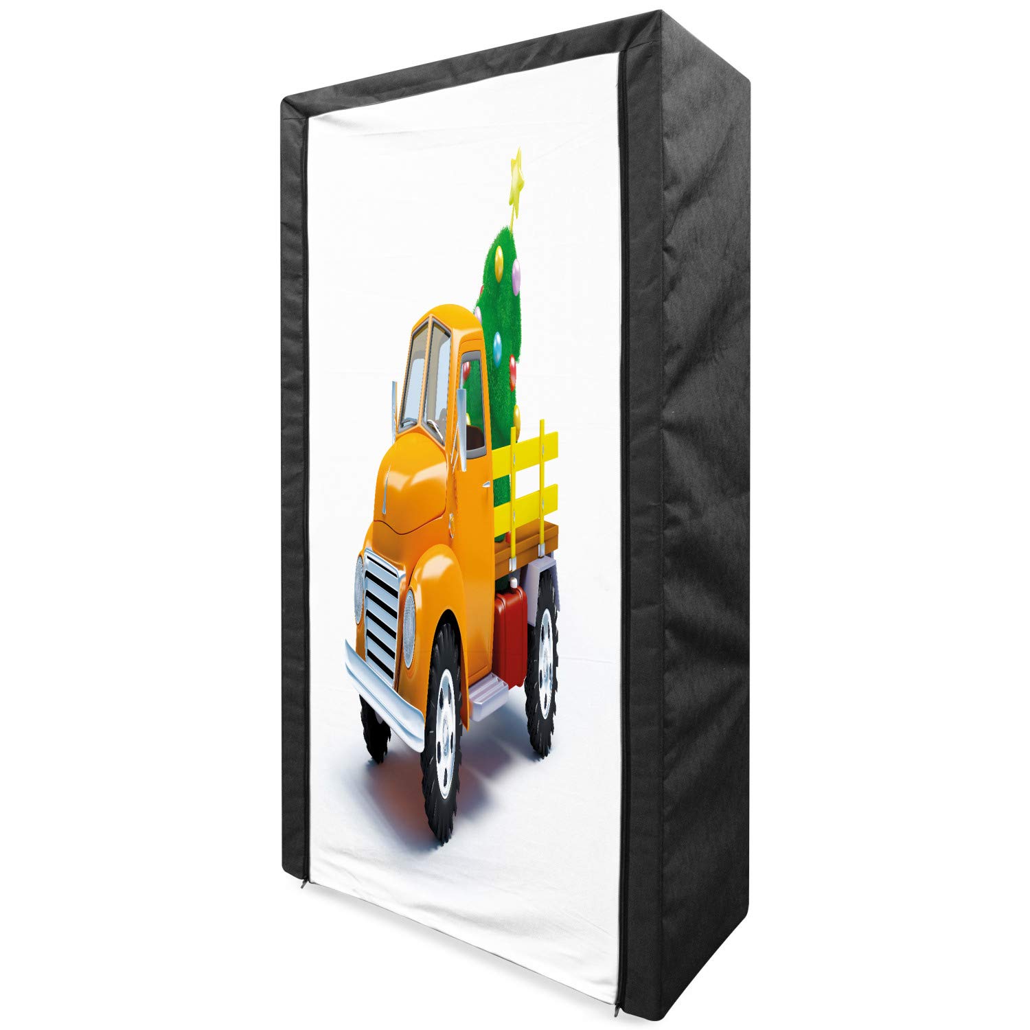 Ambesonne Christmas Portable Fabric Wardrobe - Vintage Yellow Truck & Tree Design with Star Topper, 33.5 Inch Clothing Organizer with Shelves for Bedroom Storage | Holiday Decor & Seasonal Closet Solution