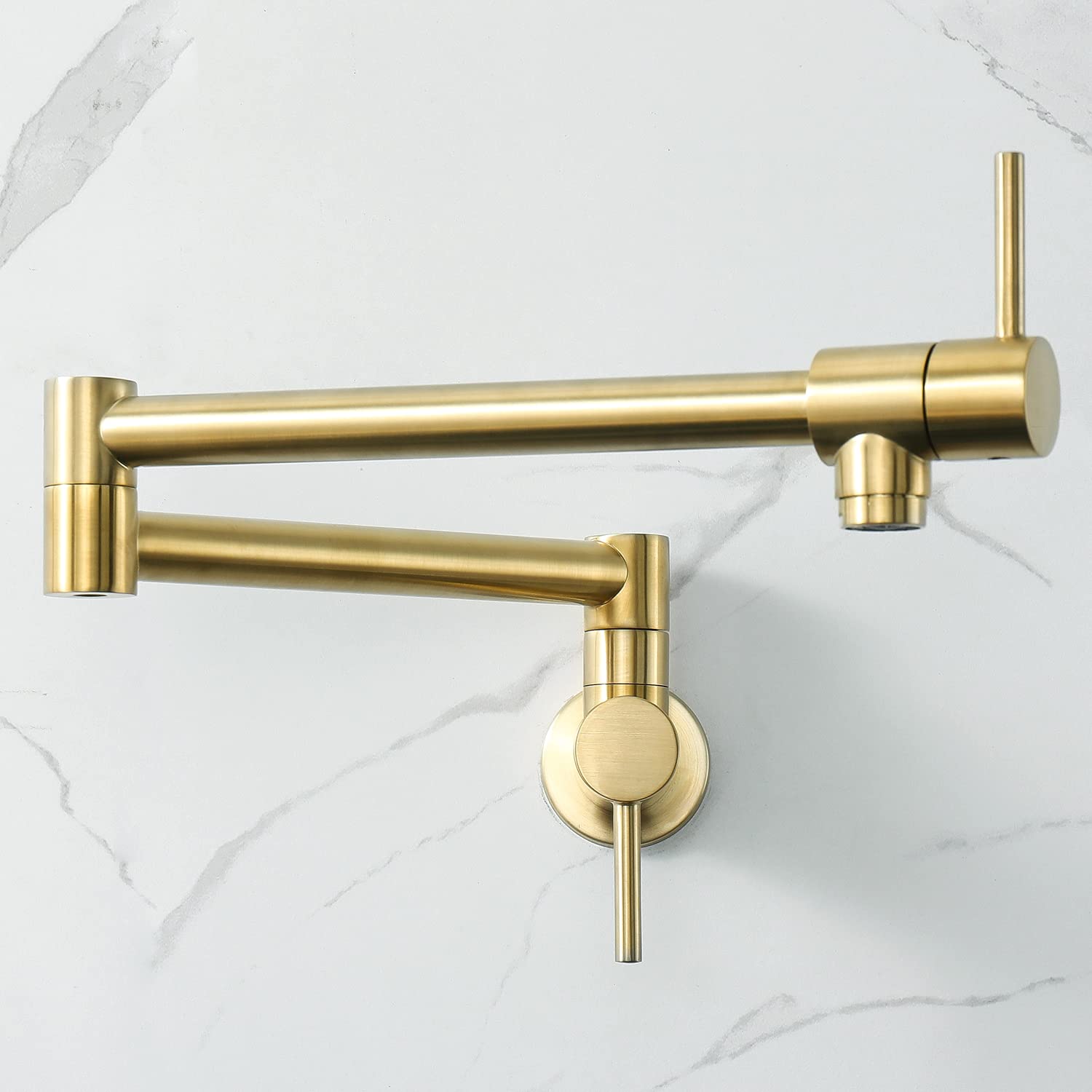 HAIYUNDA Wall Mount Pot Filler Kitchen Faucet - Solid Brass Swing Arm Folding Faucet in Brushed Gold - Modern Single Hole Two Handle Design - Perfect for Cooking, Filling Large Pots & Kitchen Sink Tasks