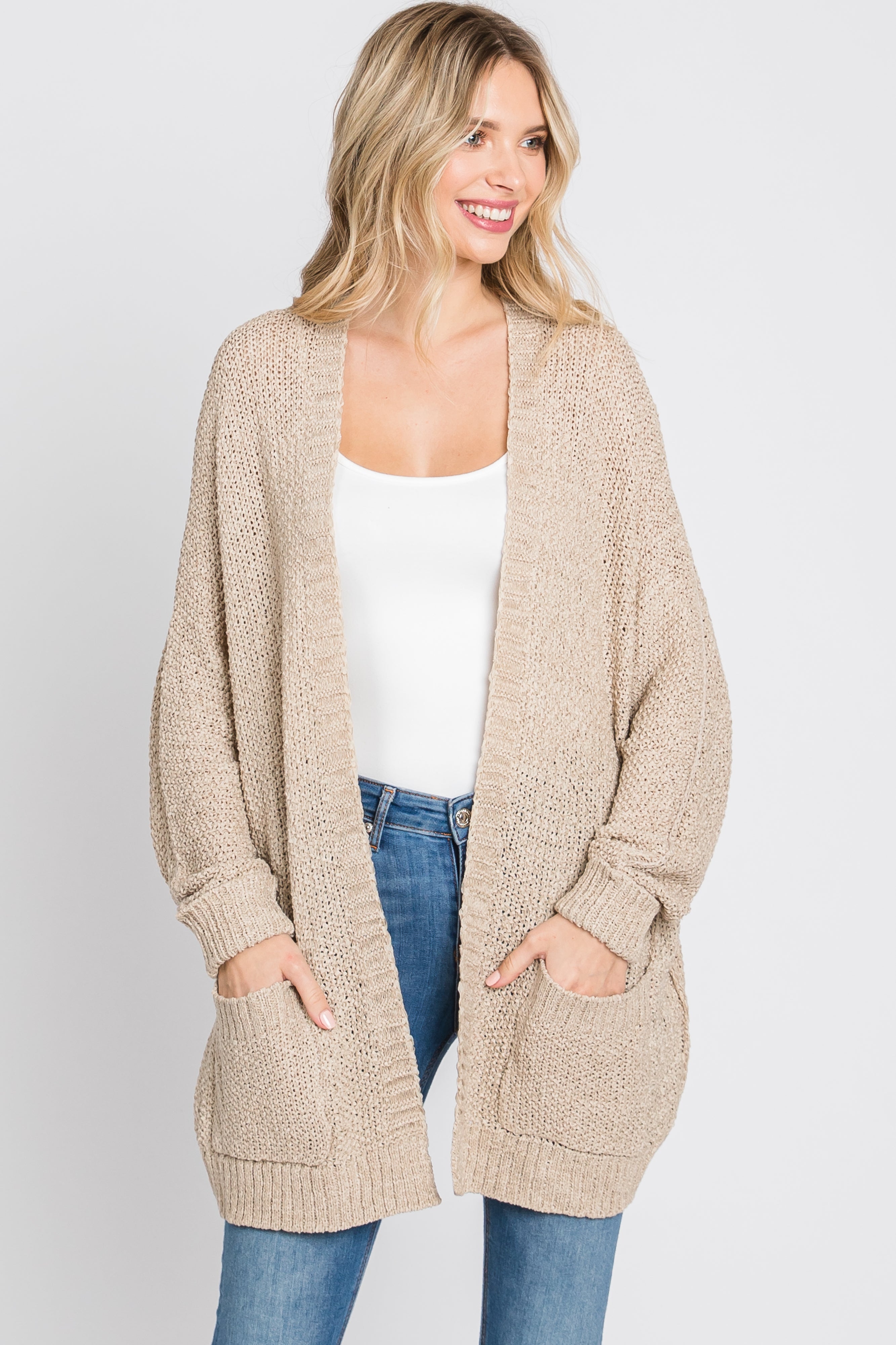 Beige Cuff Sleeve Cardigan for Women - Soft Knit Open Front Long Sweater - Cozy Fall & Winter Layering Piece for Office, Date Night or Casual Outfits