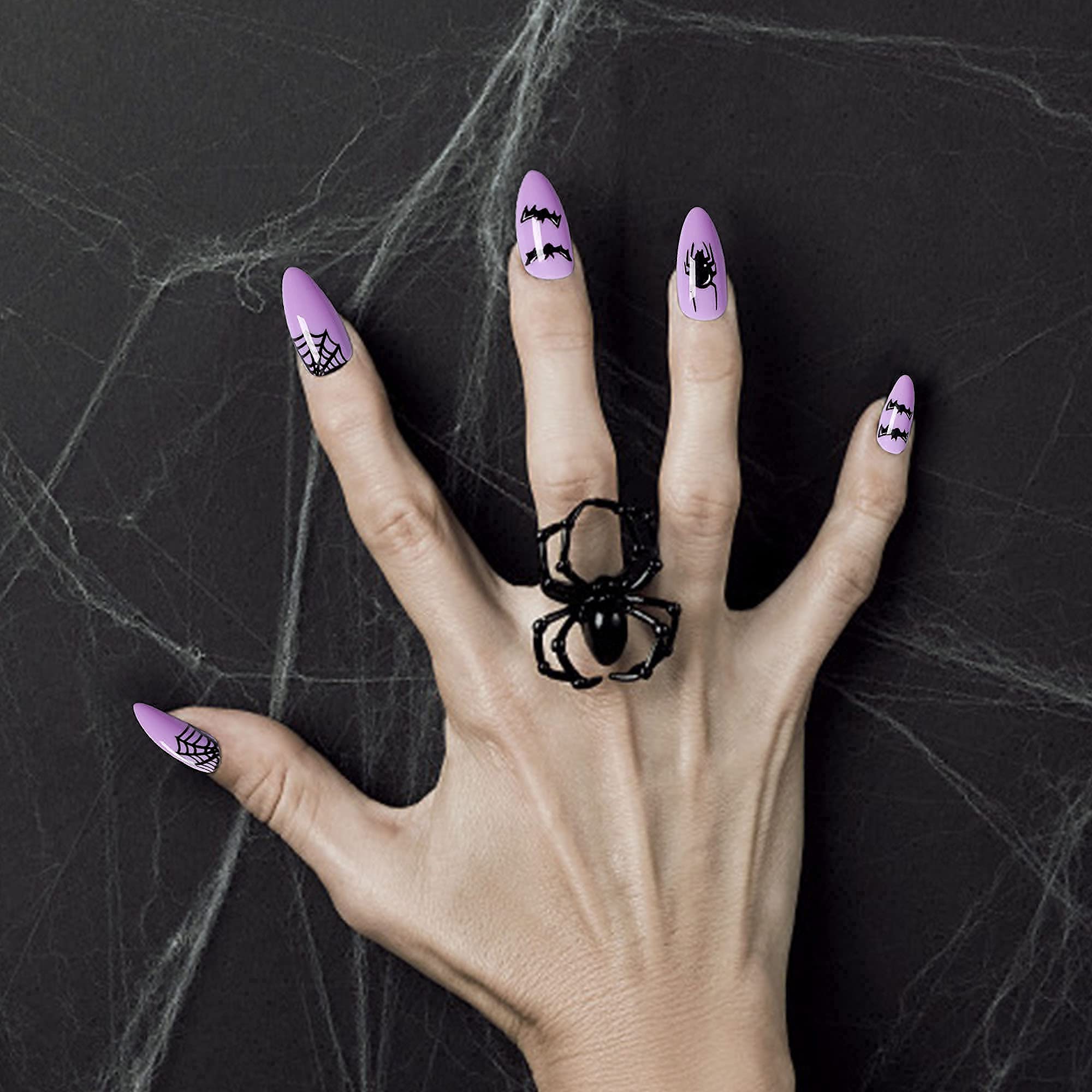 Aethland Halloween Coffin Fake Nails - 24pcs Medium Length Full Cover Artificial Nails | Spooky Spider Design for Nail Art, DIY, Salon | Includes 2g Glue | Perfect for Women's Halloween Party, Cosplay & Gothic Nail Styles