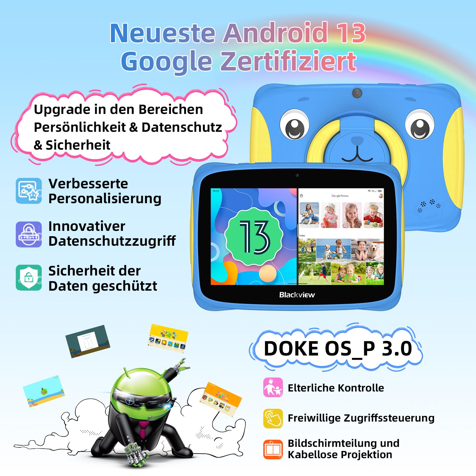 Blackview Kinder Tablet 7 Inch - Android Kids Tablet for Ages 6+ with Educational Games, 4GB RAM 32GB Storage, WiFi, Dual Cameras, GMS Certified, Shockproof Case, Parental Controls - Perfect for Learning, Entertainment & Travel