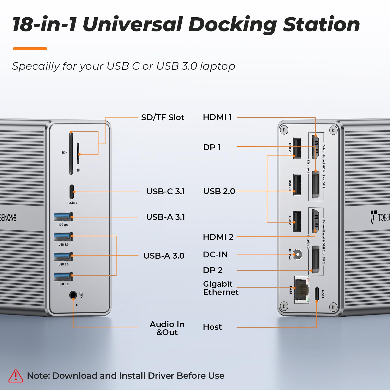 TobenONE Universal Docking Station for MacBook & Windows - Dual 4K@60Hz HDMI & DisplayPort, 65W Power Delivery, 7 USB Ports, USB-C 3.1, Ethernet, SD/TF Card Reader - Perfect for Home Office, Gaming & Multi-Monitor Setup