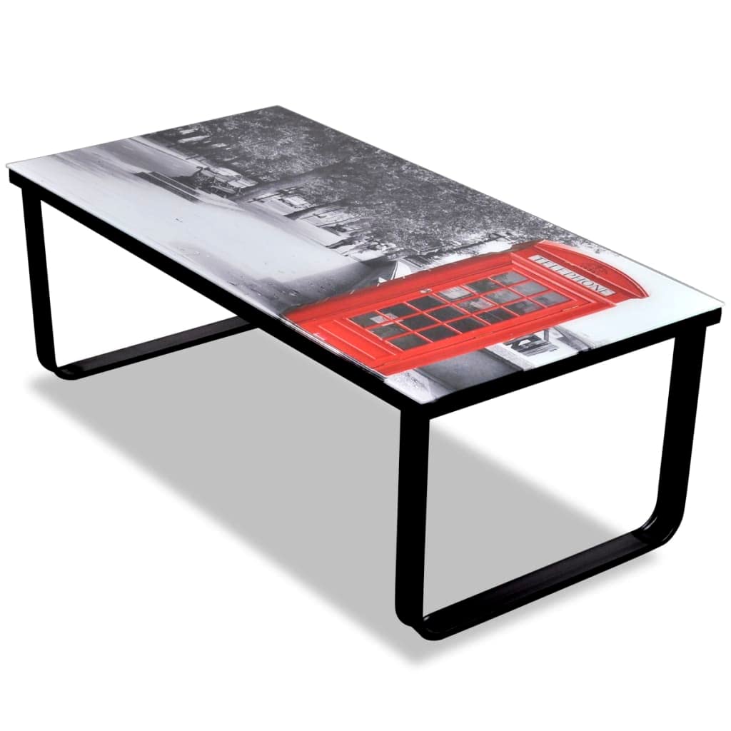 Modern Square Coffee Table with Telephone Booth Print Glass Top - Stylish Living Room & Bedroom Side Table, Center Table for Home Decor | Perfect for Small Spaces, Apartments & Cozy Living Rooms
