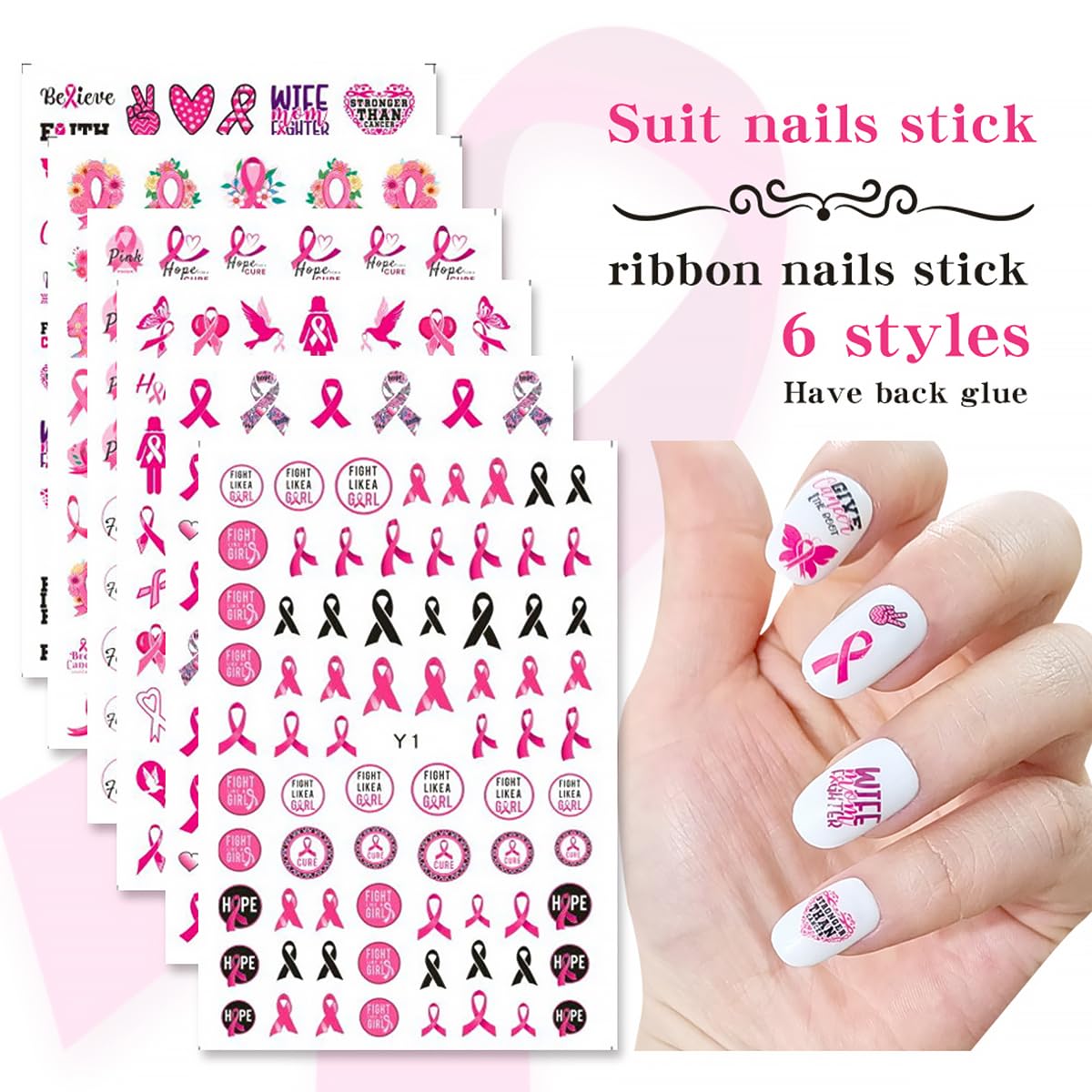 6 Sheets 3D Pink Ribbon Breast Cancer Awareness Nail Art Stickers - Self-Adhesive Heart Letter Nail Decals for Women & Girls - Perfect for Acrylic Manicures, Salon Nail Designs & Breast Cancer Awareness Events