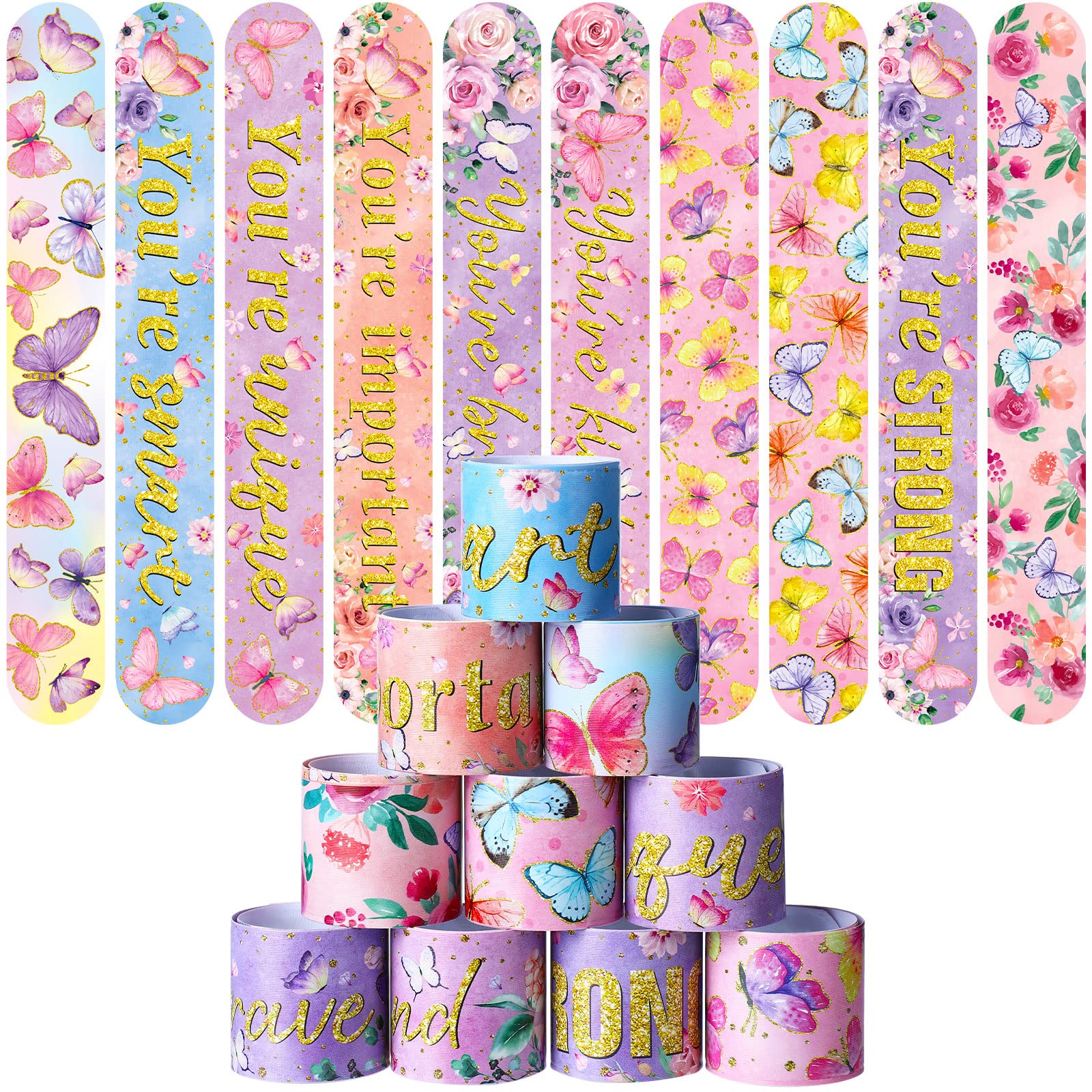 40-Piece Watercolor Butterfly Slap Bracelets for Kids - Floral Spring Party Decorations, Birthday & Baby Shower Supplies - Perfect for Girls' Wristbands, Themed Parties and Festive Events