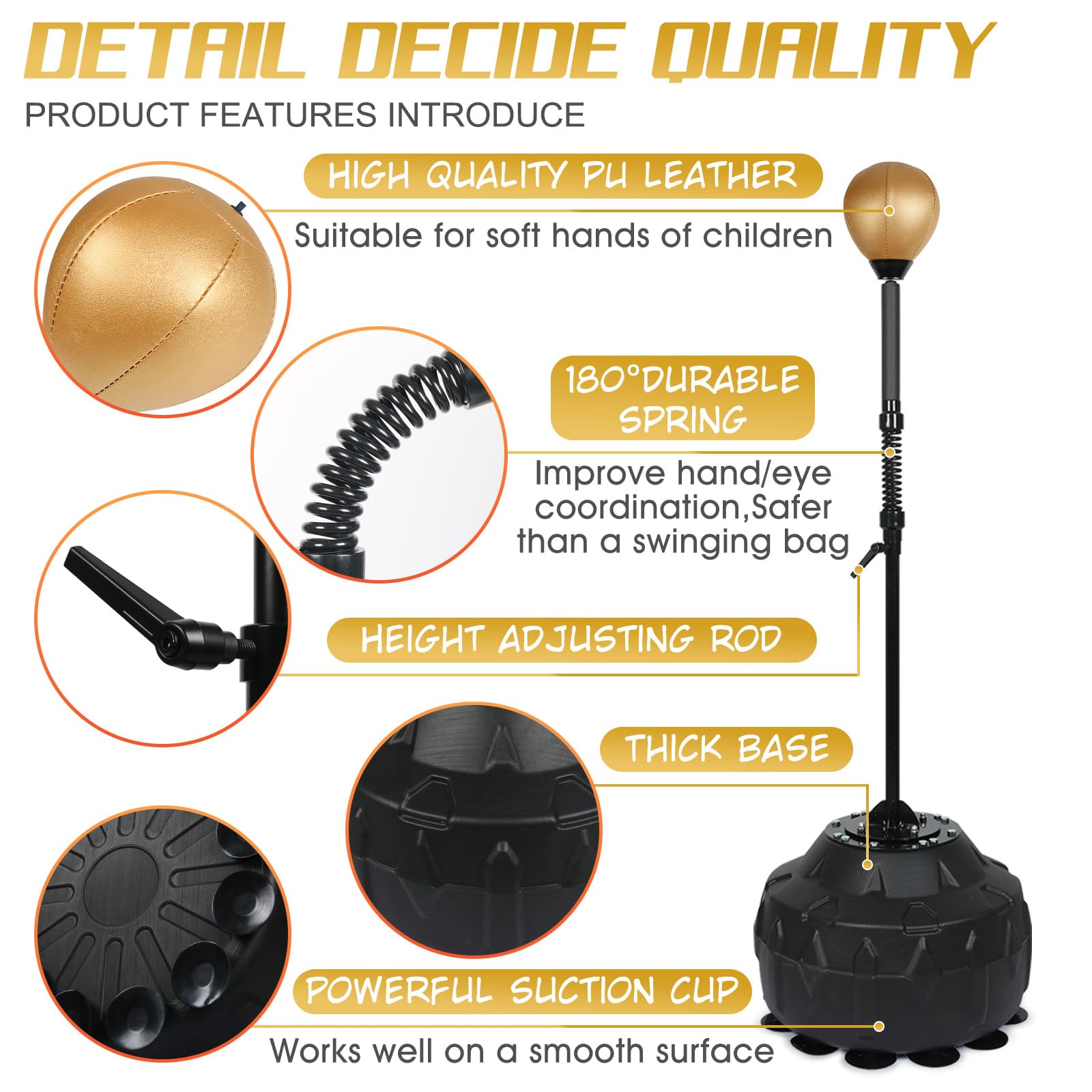 Premium Reflex Speed Bag with Thick Base - Adjustable Height Free Standing Punching Bag for Boxing Training, Stress Relief & Fitness - Heavy Duty Reinforced Spring, Durable Golden Design - Perfect for Home Gym, Martial Arts & Cardio Workouts
