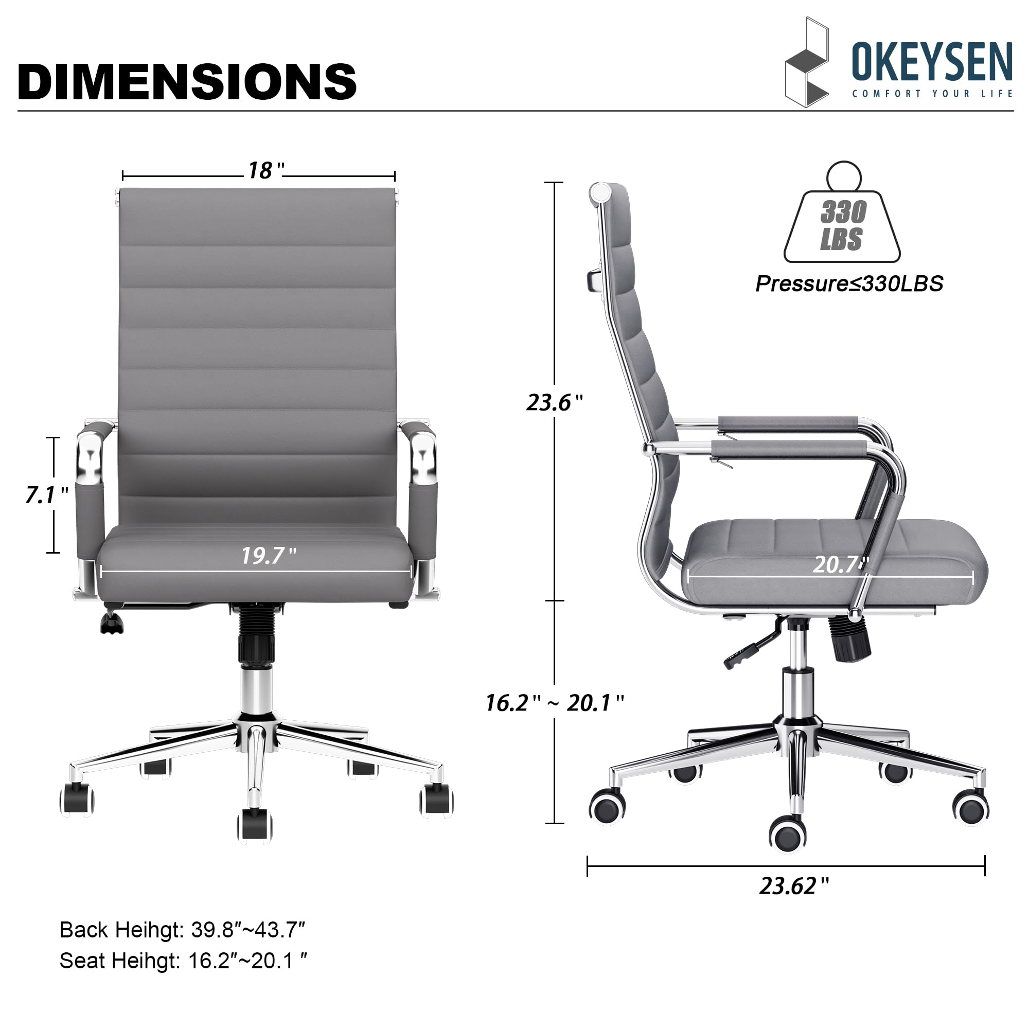 Okeysen Grey Ergonomic Office Chair - Adjustable Height Leather Executive Swivel Rolling Chair for Home Office & Conference Room - Perfect for Long Hours of Work, Video Calls, and Professional Meetings