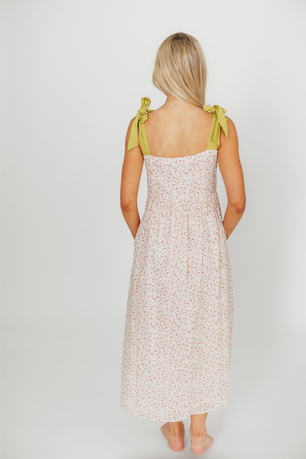 Everest Floral Print Button Down Midi Dress with Bow Tie Strap - Elegant Women's Casual & Party Wear for Office, Date Night & Special Occasions