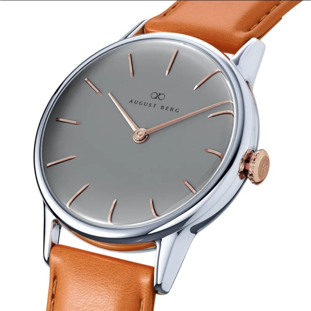 August Berg 32mm Unisex Watch with Gray Dial & Brown Leather Strap - Stylish Casual & Business Timepiece for Men & Women | Perfect for Office, Date Night & Everyday Wear