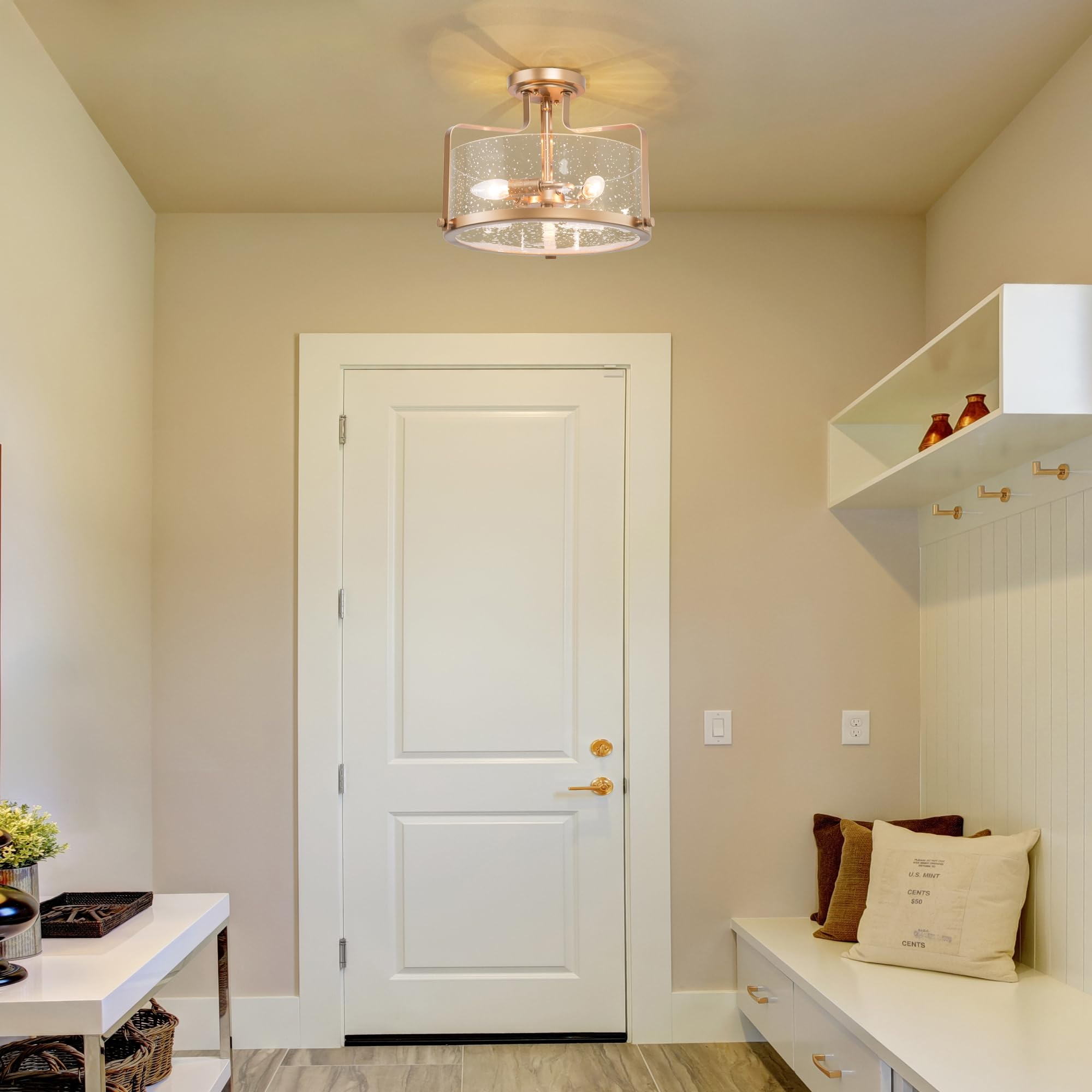 LALUZ Gold Modern 3-Light Semi Flush Mount Ceiling Fixture with Seeded Glass - Perfect for Bedroom, Hallway, Kitchen, Dining Room, Living Room, Stairway & Bathroom Lighting | Elegant Home Decor & Interior Design Solution
