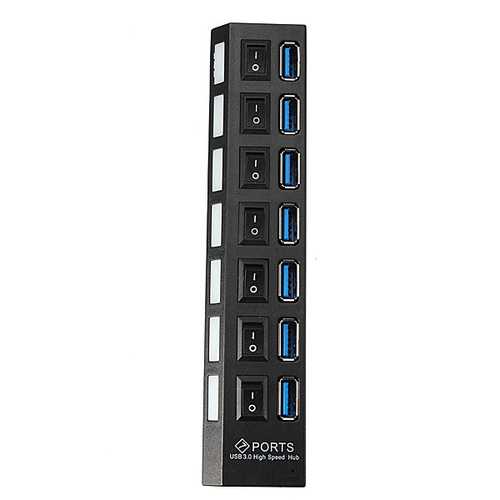 7-Port USB 3.0 Hub with Individual On/Off Switches & Universal Power Adapter (US/EU/UK Plug) - Perfect for Home Office, Gaming Setup & Multi-Device Charging Station