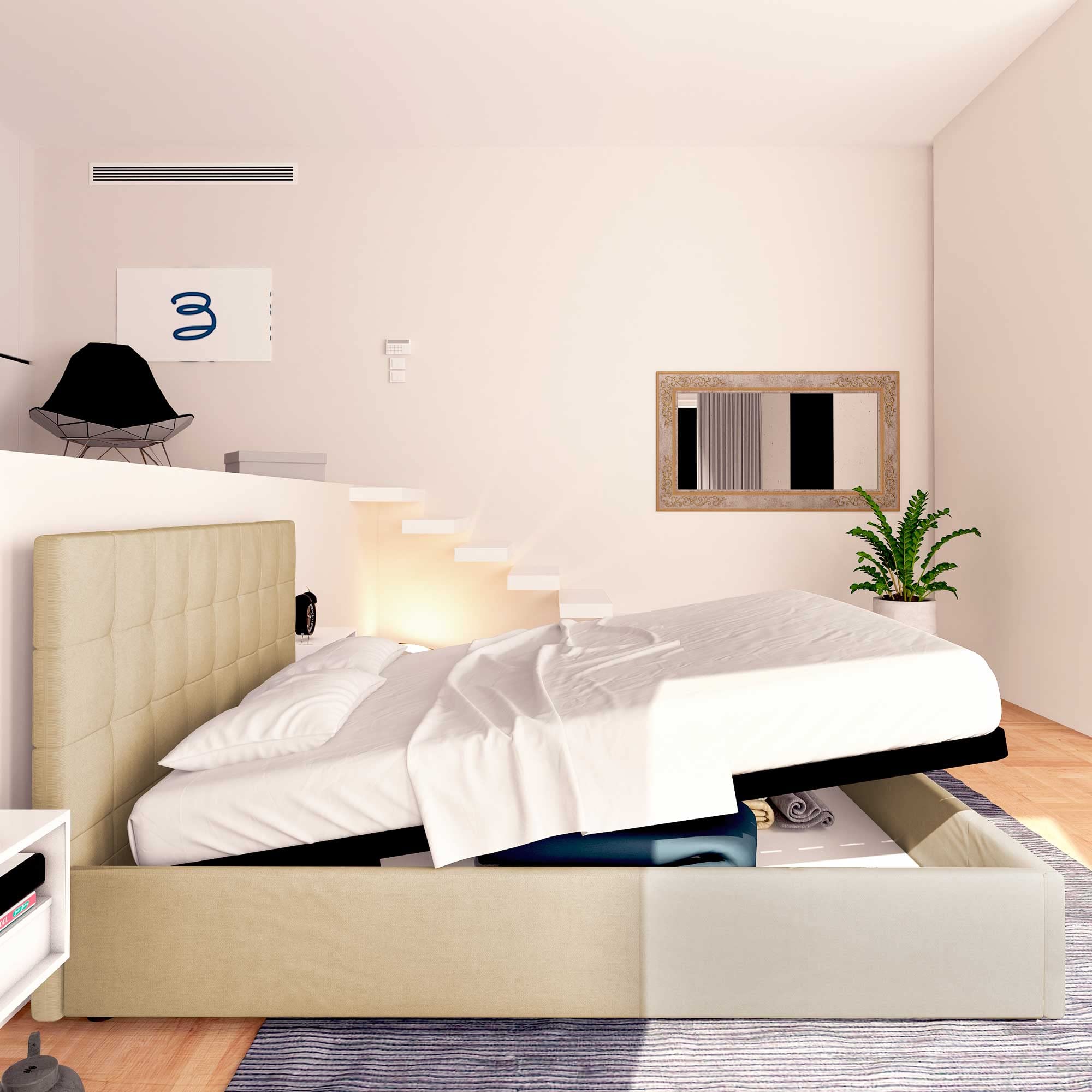 Baldiflex Single Bed with Storage Drawer, Dublin Fabric Model, Slatted Base for Single Mattress, 90 x 200 cm, Elegant Headboard, Camel Color - Perfect for Small Bedrooms, Guest Rooms & Studio Apartments