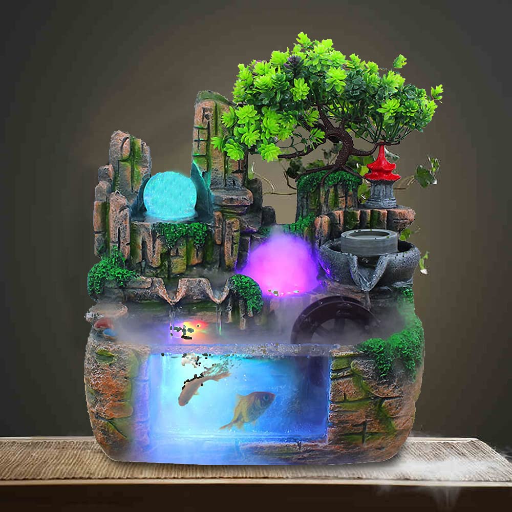 Mini Tabletop Fountain - Indoor Water Fountain with Resin Rockery & Bonsai Design, Perfect for Home Office Desk, Bedroom Decor, Zen Relaxation & Gift Giving