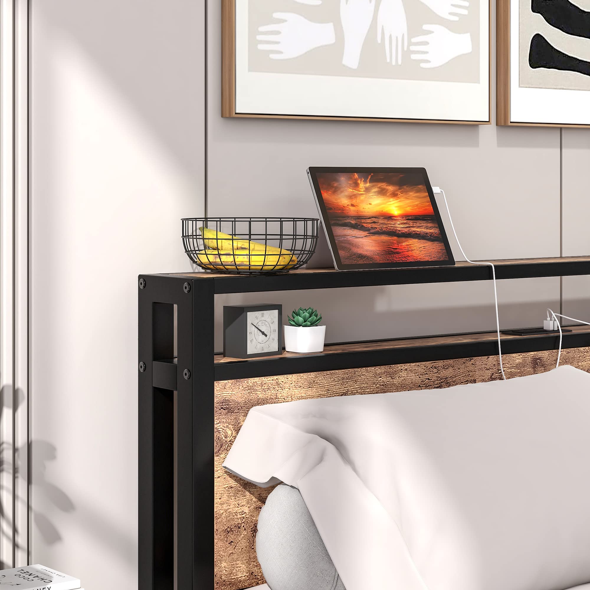 BOFENG Black Queen Size Bed Frame with 2-Tier Storage Headboard & USB Charging Station - Heavy Duty Platform Bed with Under Bed Storage - No Box Spring Needed - Noise Free & Rustic Brown Finish - Perfect for Small Bedrooms, Guest Rooms & Modern Apartments