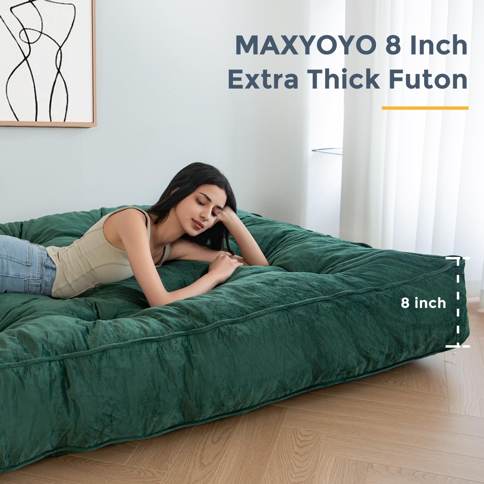 MAXYOYO 8-Inch Thick Velvet Tufted Futon Mattress for Sofa Bed - Green (Mattress Only) | Comfortable Sleeping Solution for Adults, Perfect for Small Apartments, Guest Rooms & Dorm Rooms