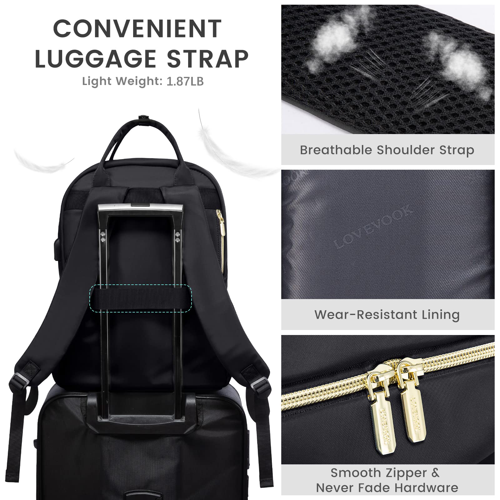 LOVEVOOK Women's 15.6 Inch Laptop Backpack with USB Charging Port - Waterproof Teacher & Work Backpack for Travel, Office & School - Stylish Black Daypack for Professionals & Students