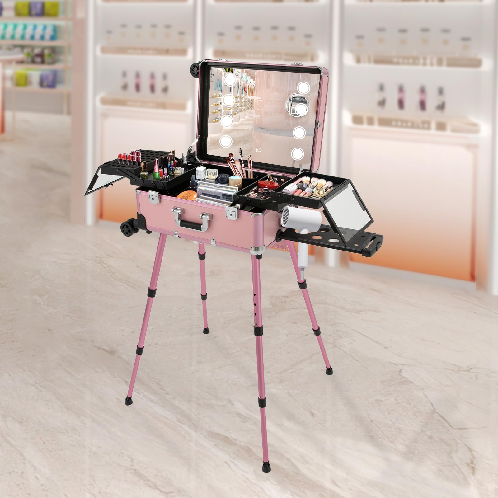 Pink Aluminum Rolling Makeup Train Case with LED Lights & Adjustable Legs - Lockable Portable Cosmetic Organizer for Travel, Professional Artists & Home Vanity - 4 Removable Wheels for Easy Mobility