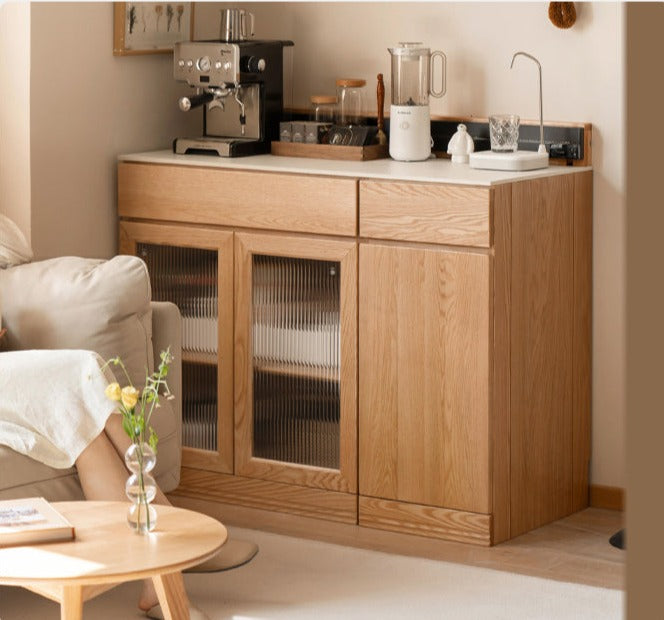 Solid Oak Wood Sideboard Buffet Cabinet - Multi-Functional Storage Locker with Drawers & Shelves for Dining Room, Living Room, and Entryway Organization